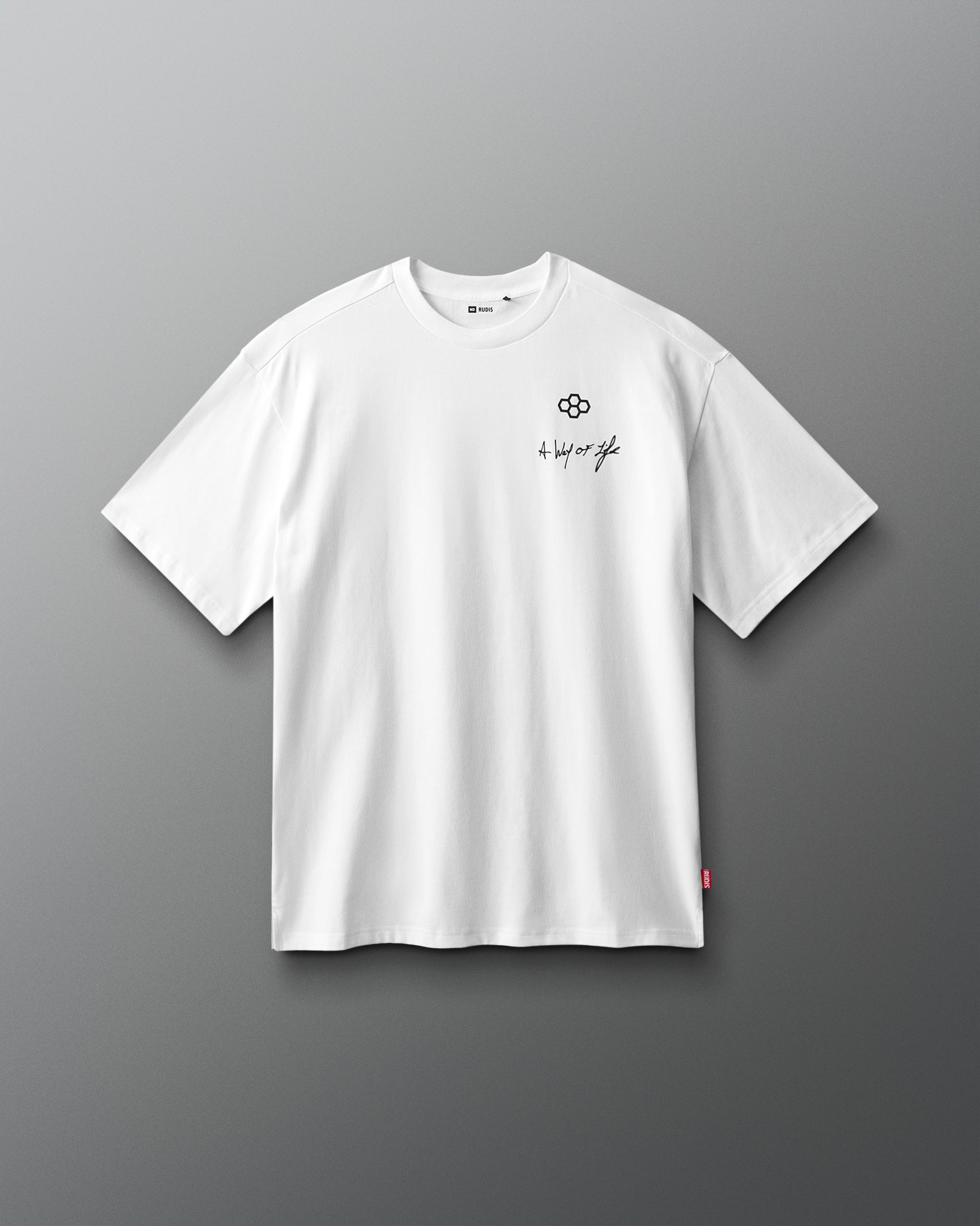 White t-shirt with a logo and text on a gray background