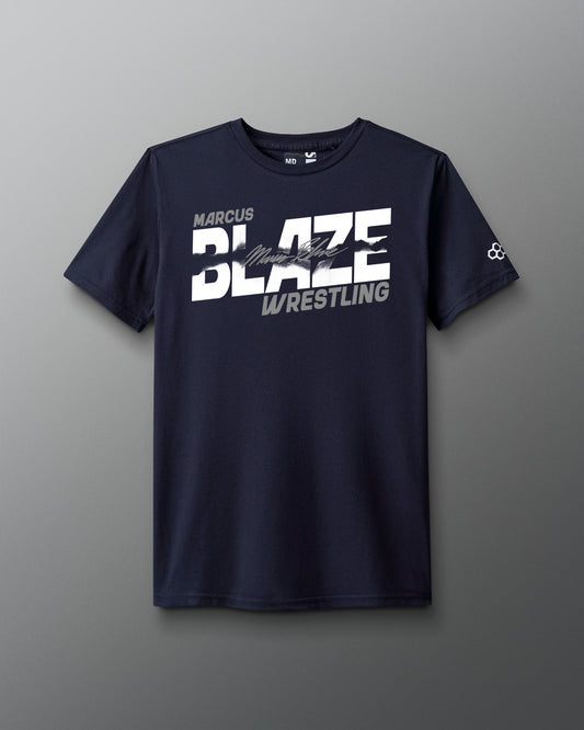 Navy blue t-shirt with 'Marcus Blaze Wrestling' text on a gray background