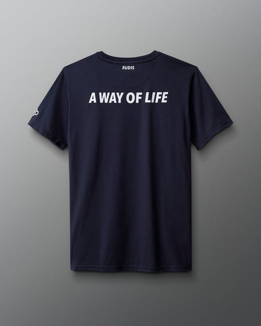 Navy blue t-shirt with 'A Way of Life' text on a gray background