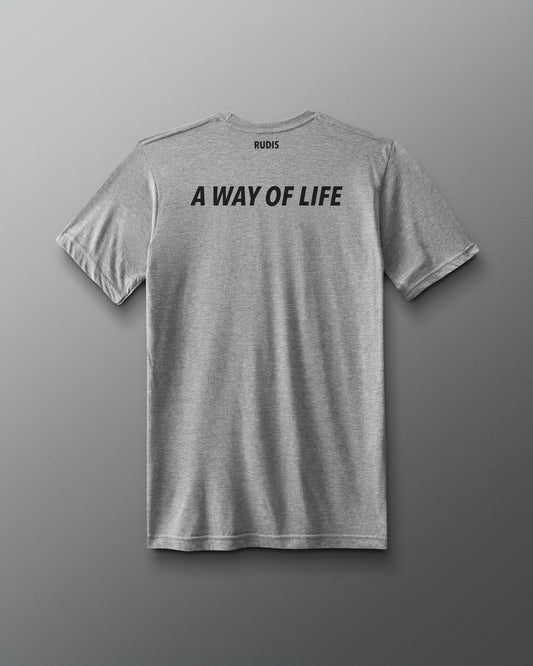 Gray t-shirt with 'A Way of Life' text on a gray background