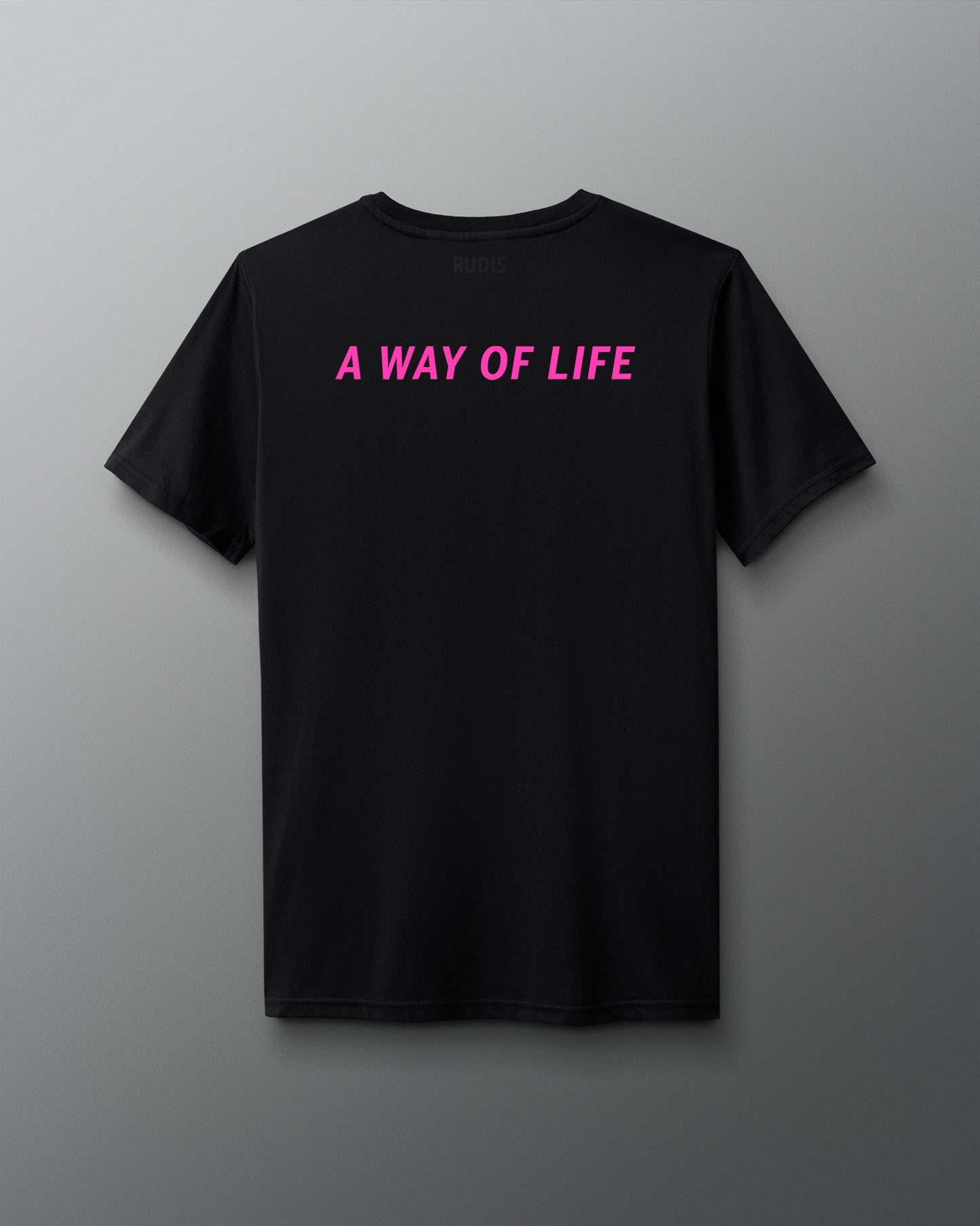 Black t-shirt with 'A Way of Life' text in pink on a gray background