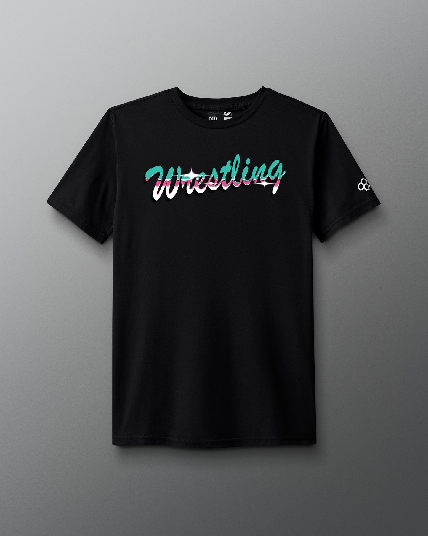 Black t-shirt with 'Wrestling' text on a gray background