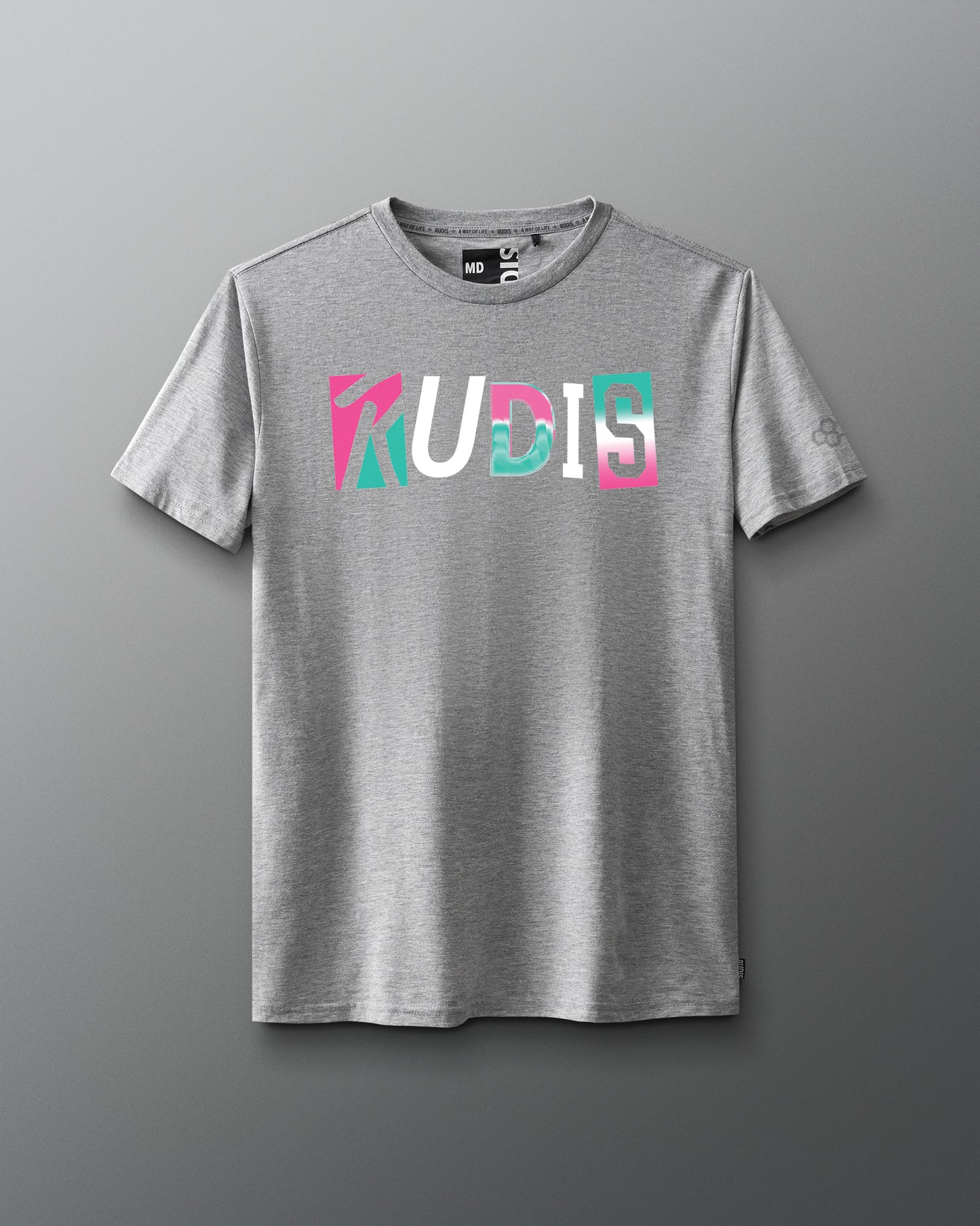 Gray t-shirt with colorful 'RUDIS' logo on a gray background