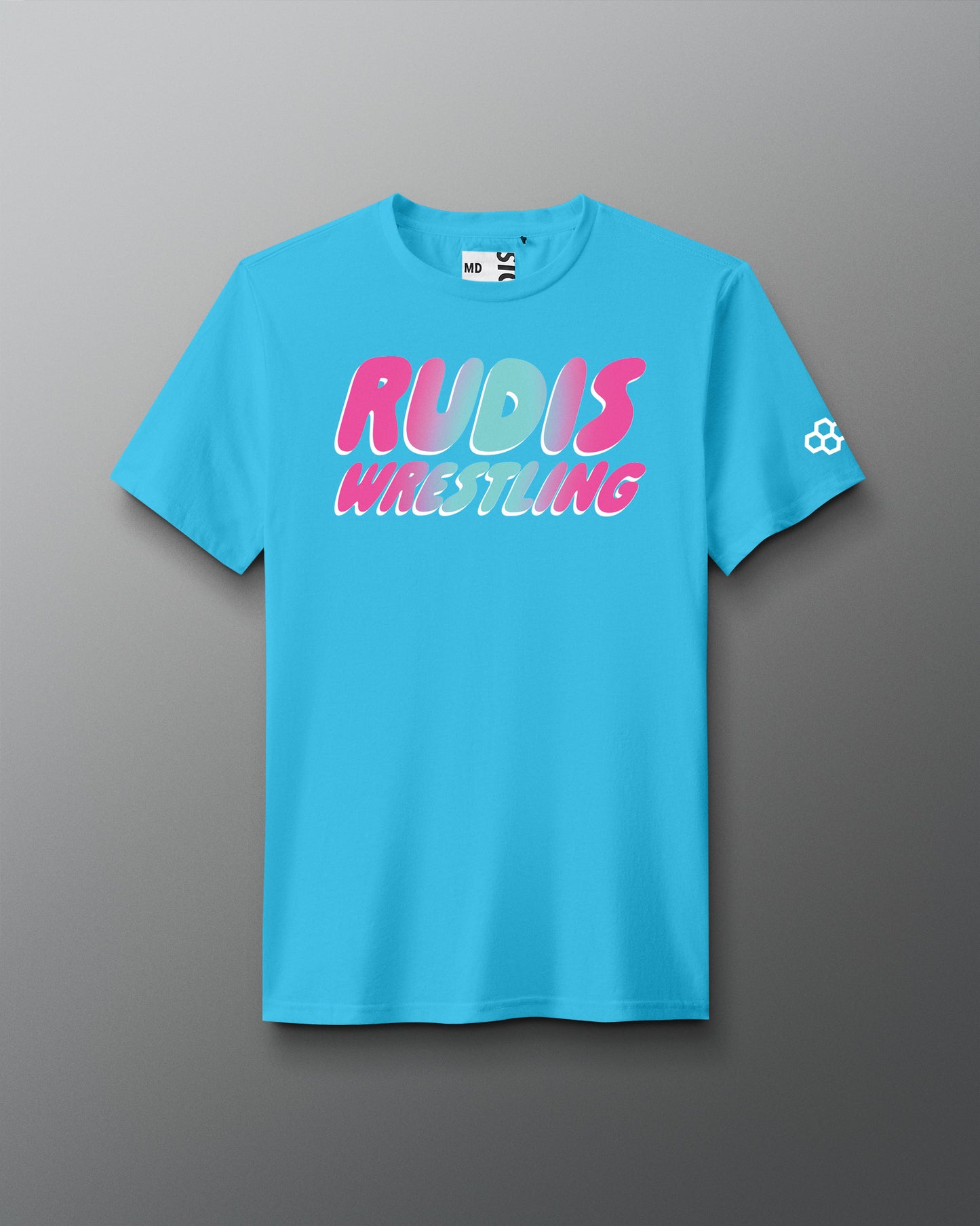 Blue t-shirt with 'RUDIS WRESTLING' text on a gray background