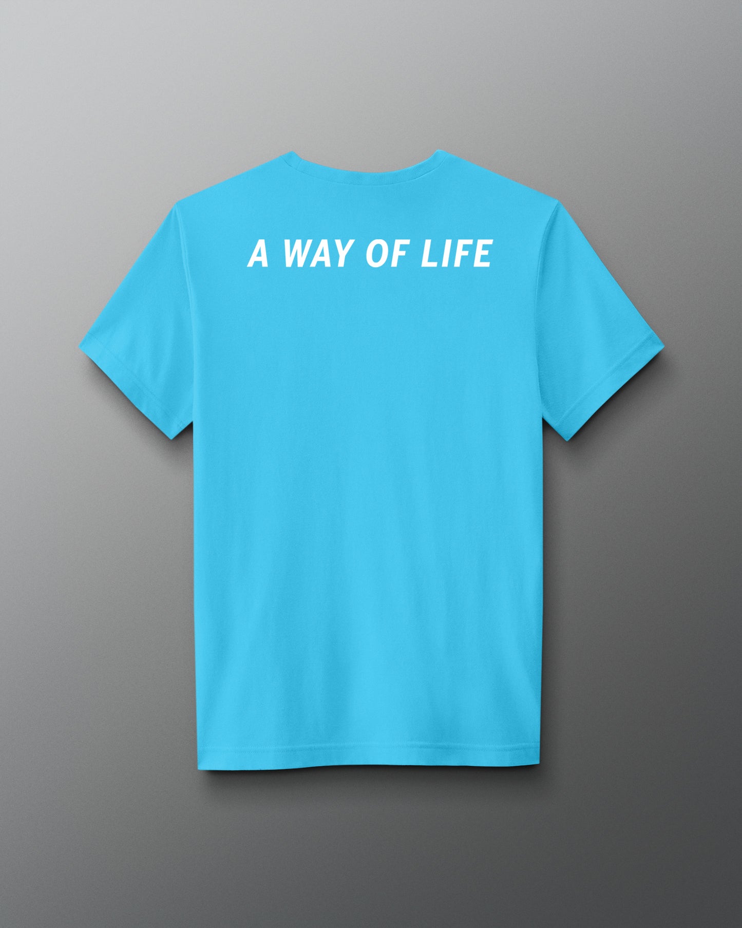 Blue t-shirt with 'A WAY OF LIFE' text on a gray background