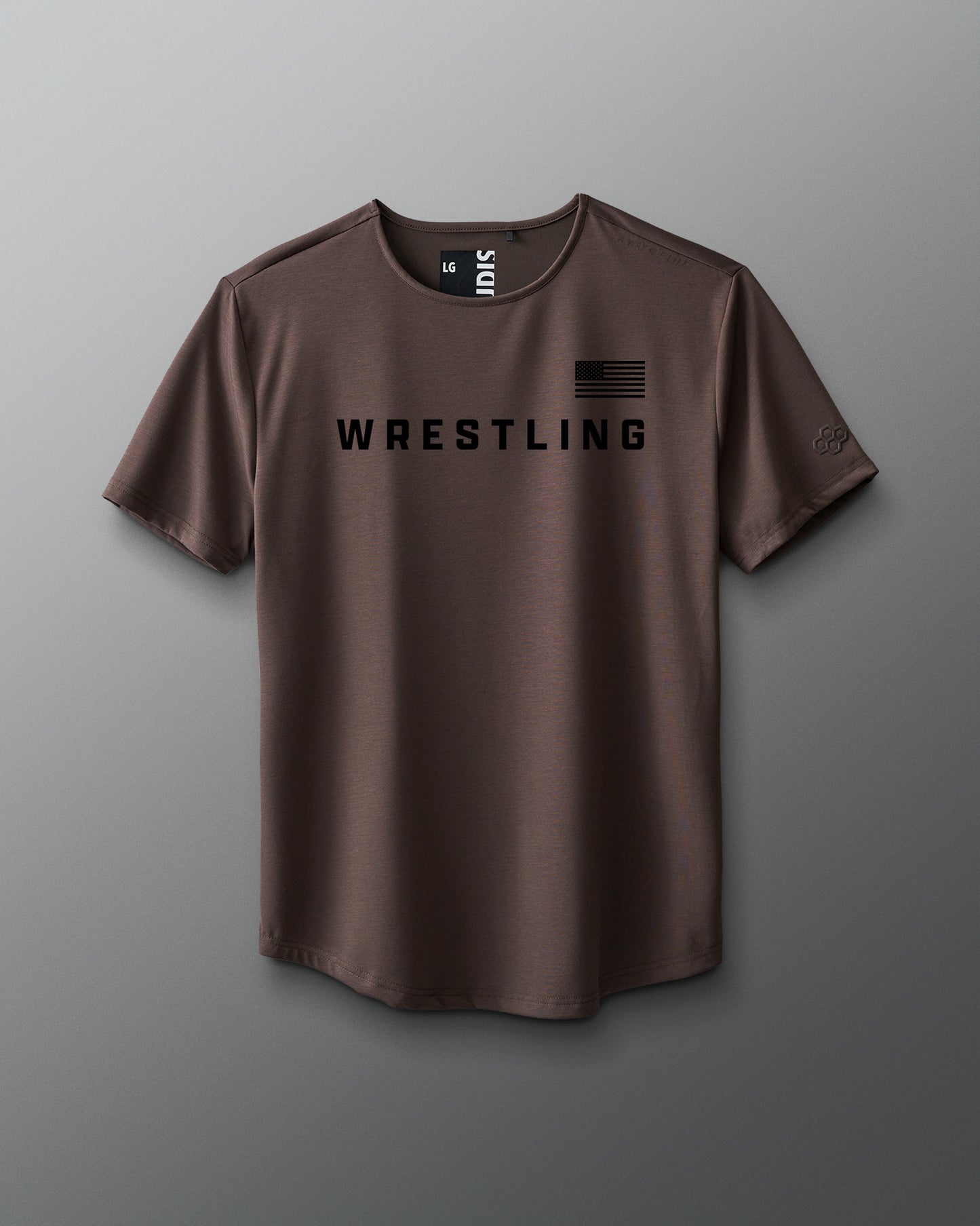 Brown t-shirt with 'Wrestling' text on a gray background