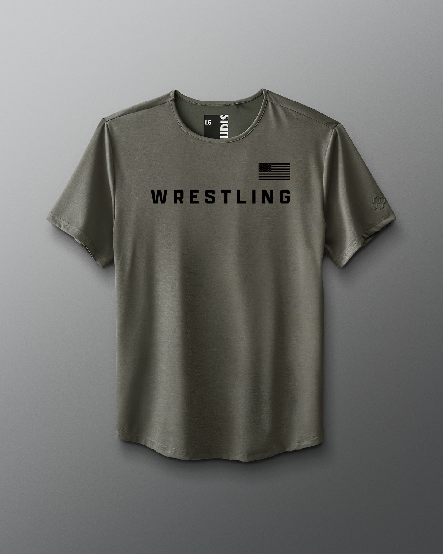 Green t-shirt with 'Wrestling' text and American flag on a gray background