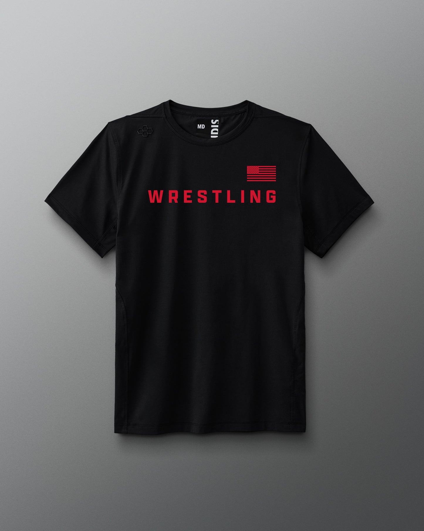 Black t-shirt with 'Wrestling' text and American flag on a gray background