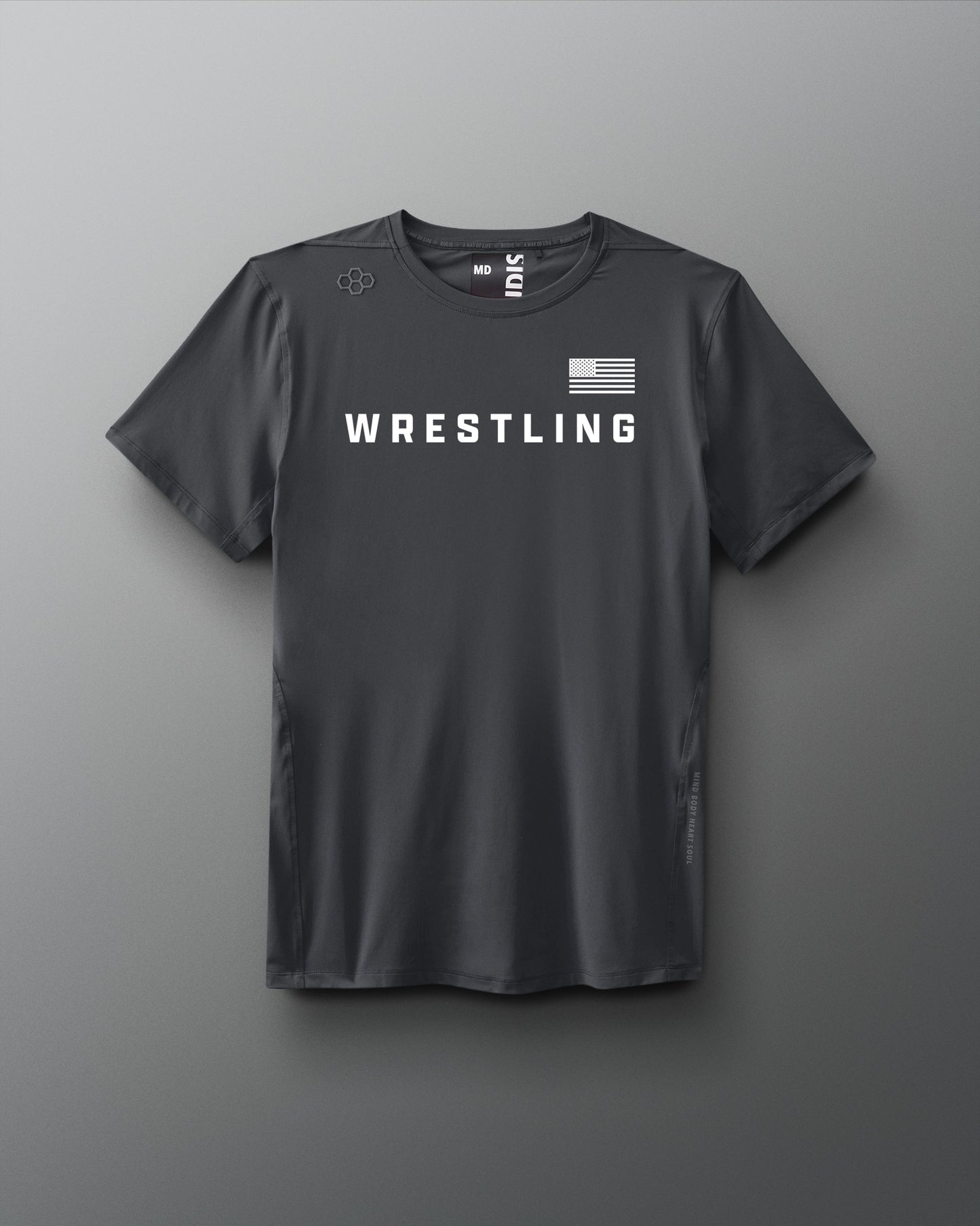 Gray t-shirt with 'Wrestling' text and American flag on a gray background