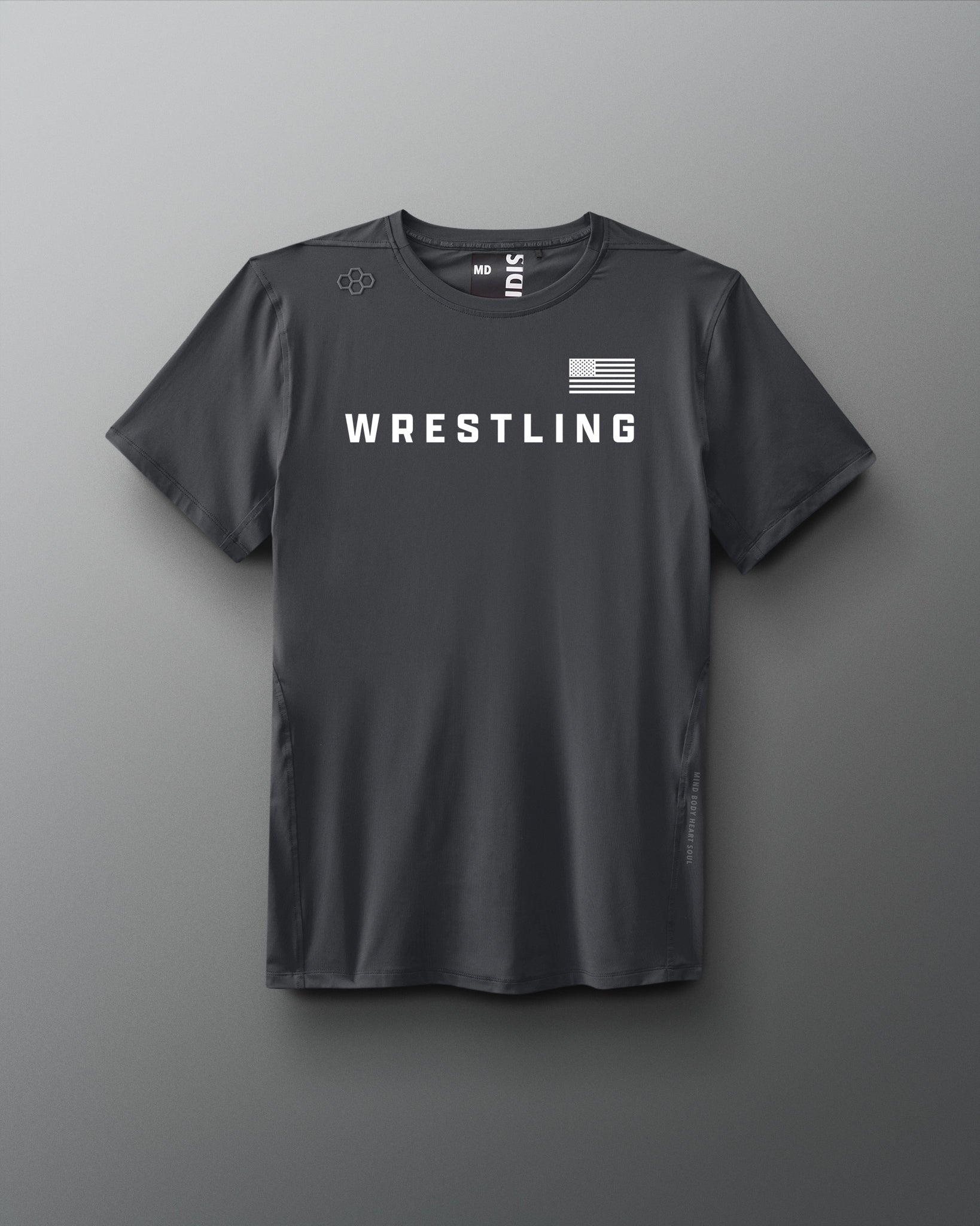 Gray t-shirt with 'Wrestling' text and American flag on a gray background