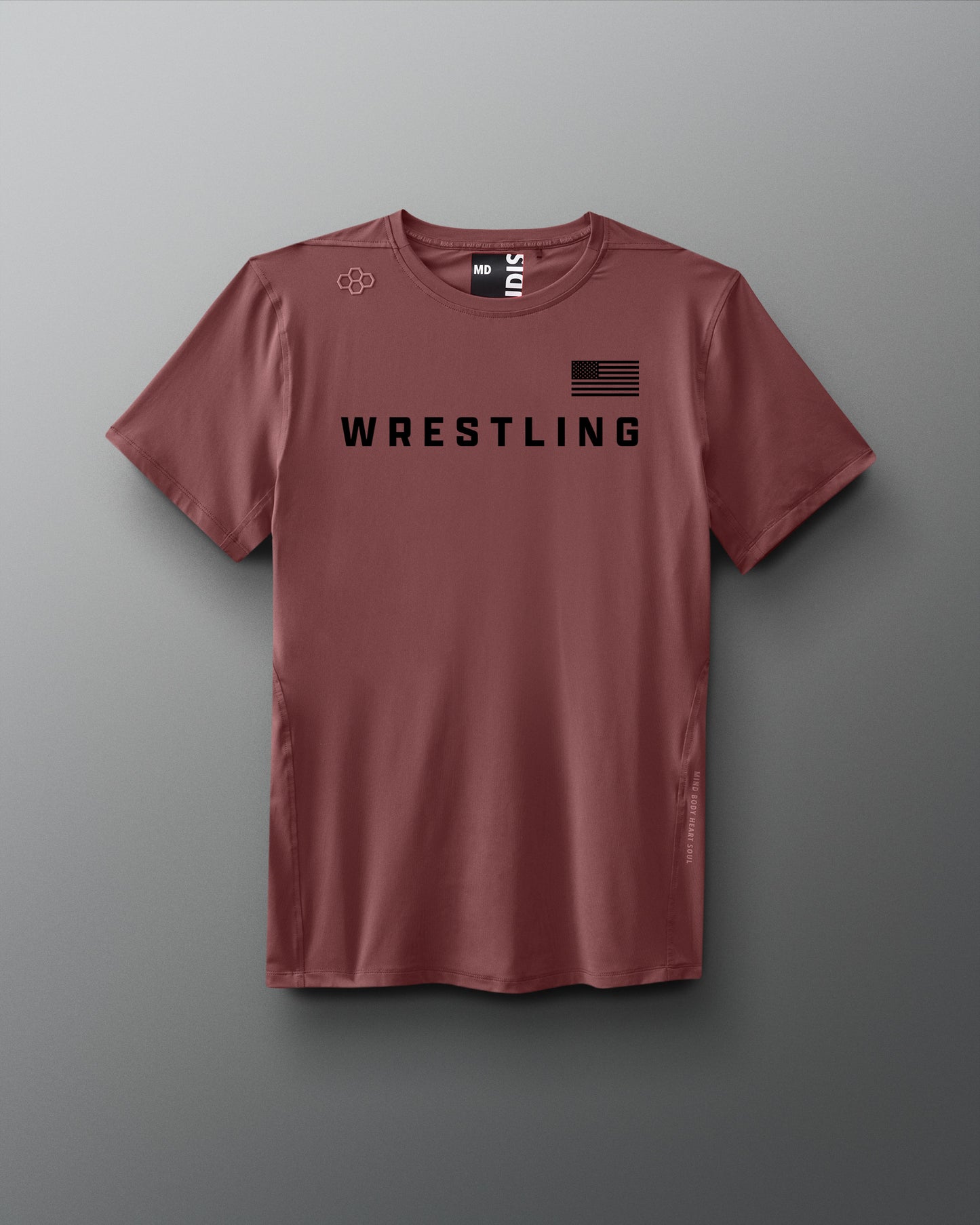 Maroon t-shirt with 'Wrestling' text on a gray background