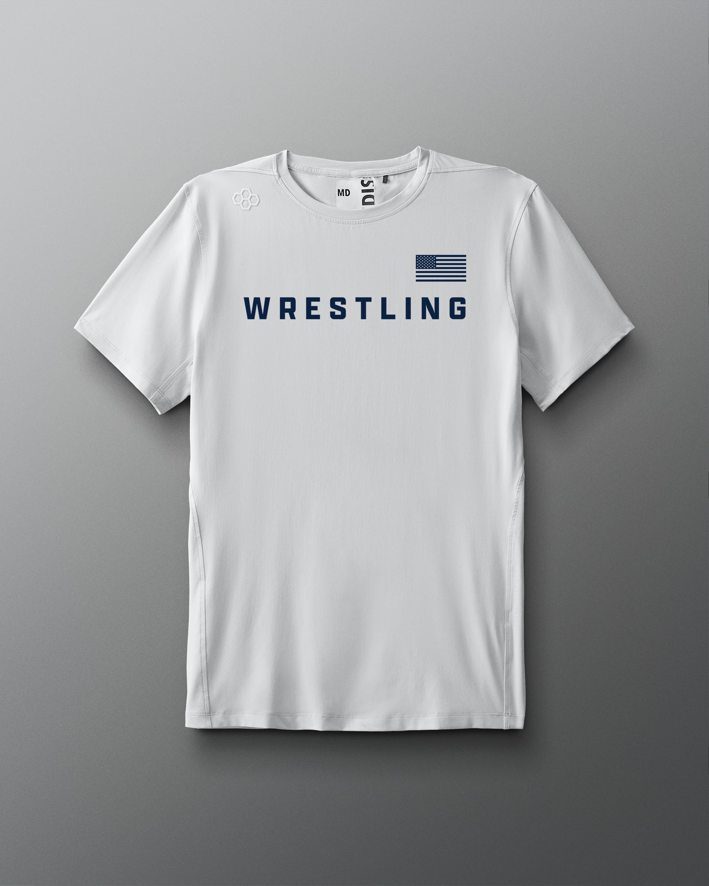 White t-shirt with 'Wrestling' text and American flag on a gray background