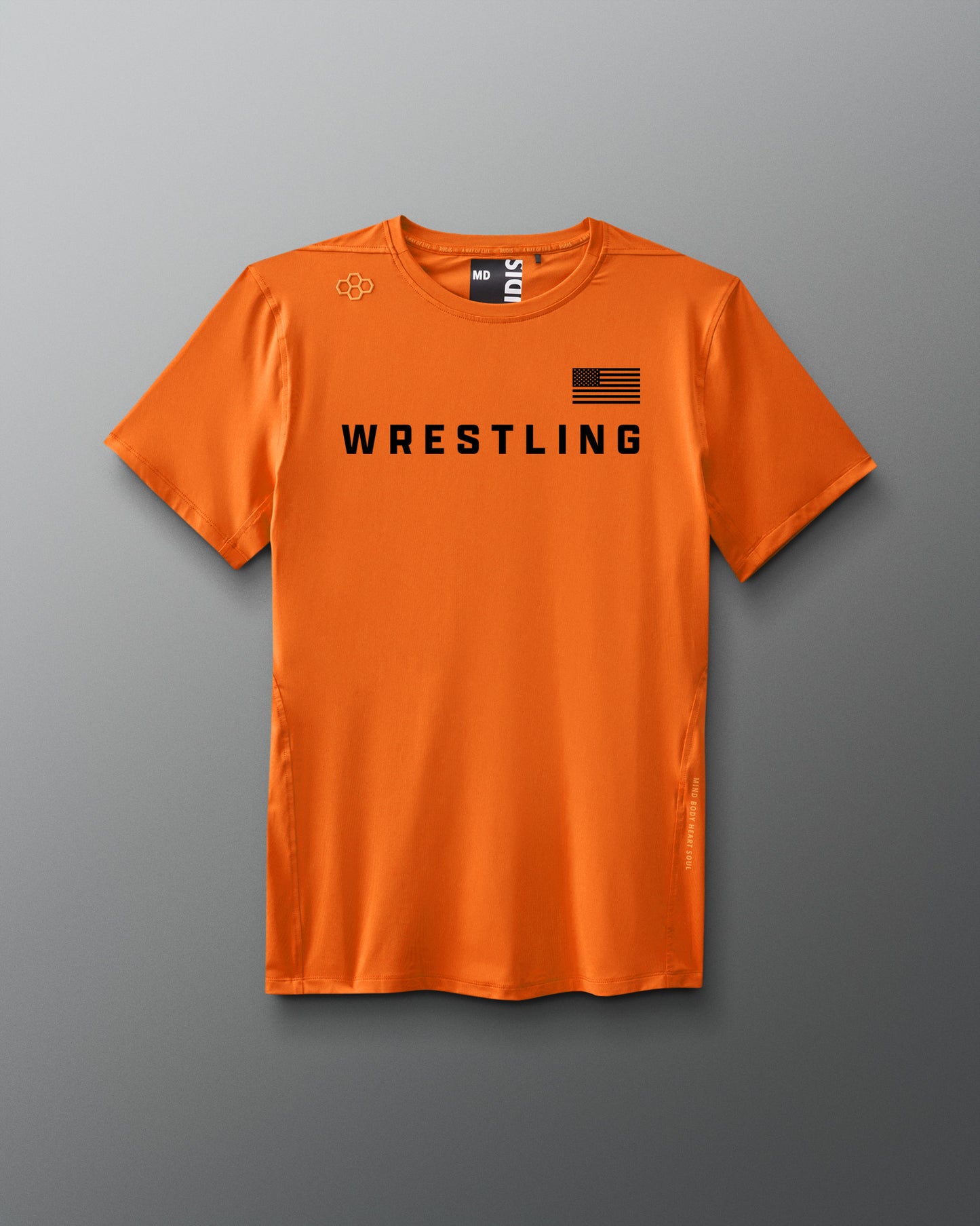 Orange t-shirt with 'WRESTLING' text on a gray background