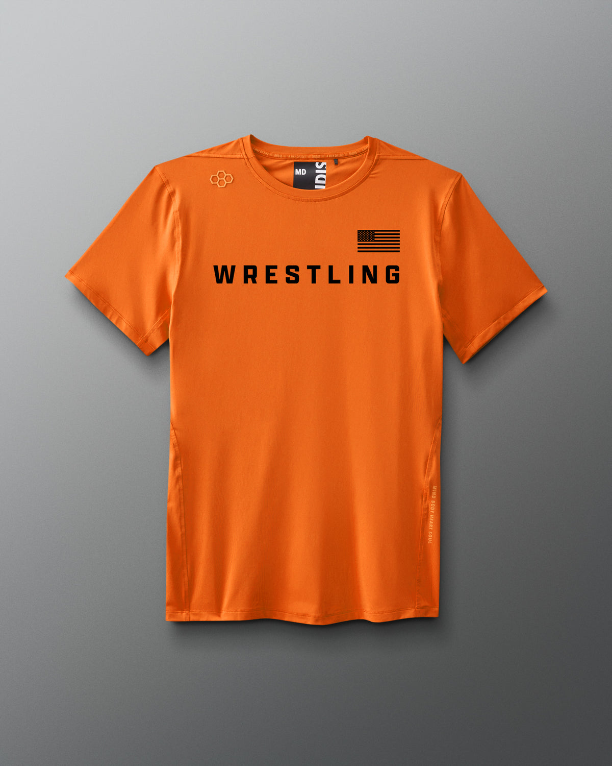 Orange t-shirt with 'WRESTLING' text on a gray background