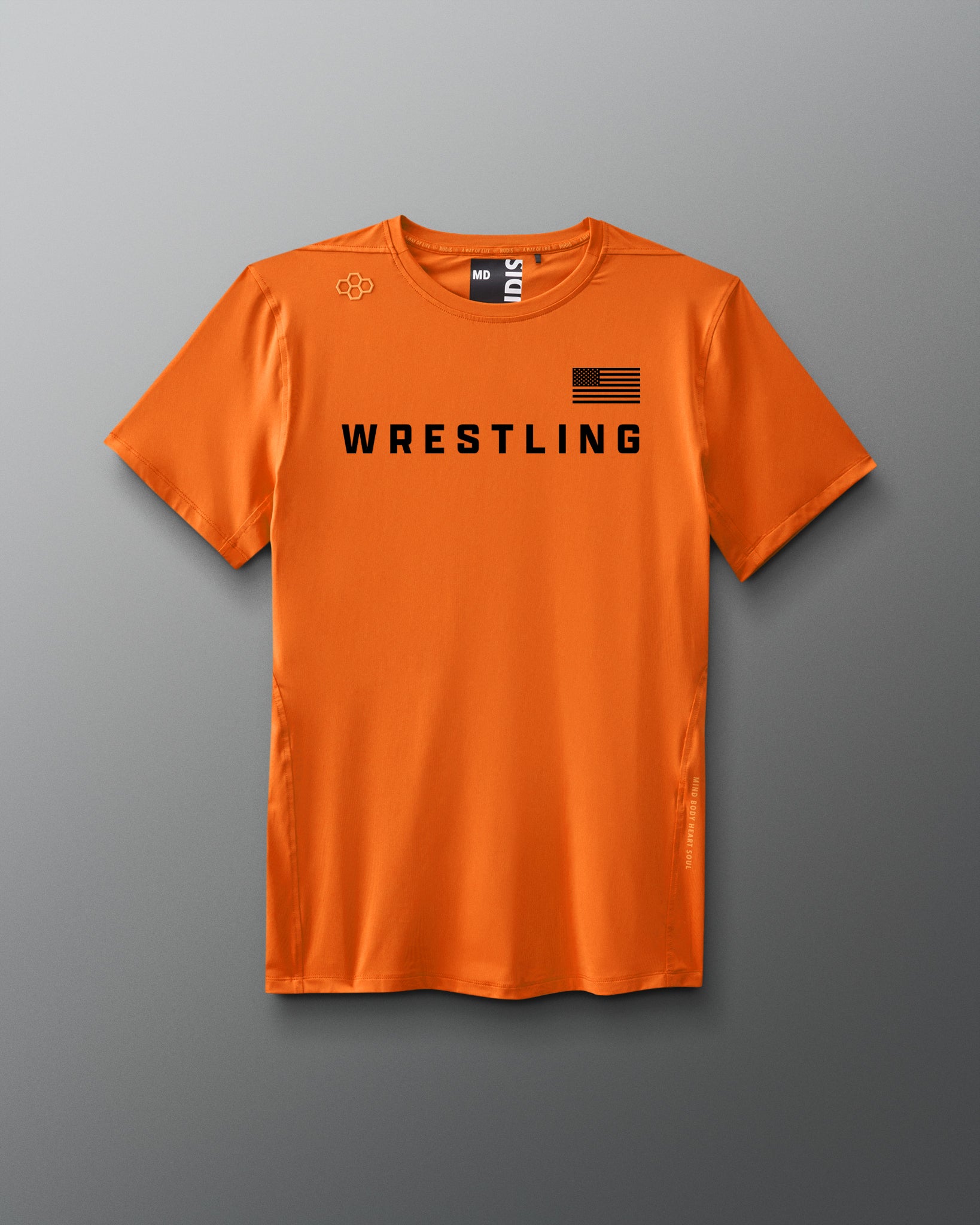 Orange t-shirt with 'WRESTLING' text on a gray background