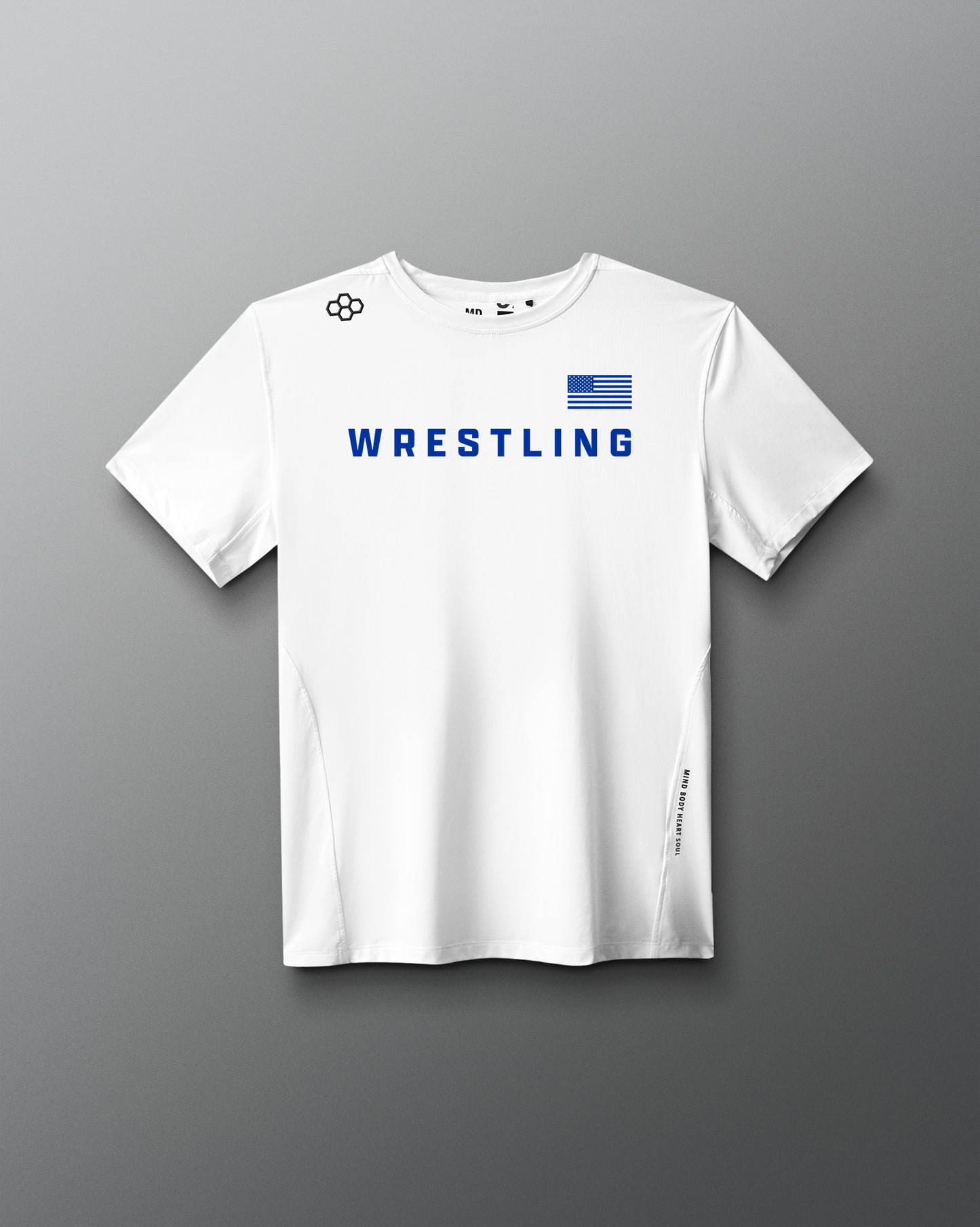 White t-shirt with 'Wrestling' text and American flag on a gray background