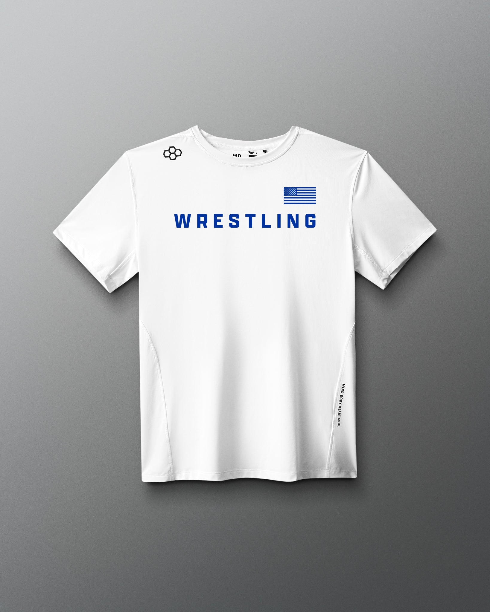 White t-shirt with 'Wrestling' text and American flag on a gray background
