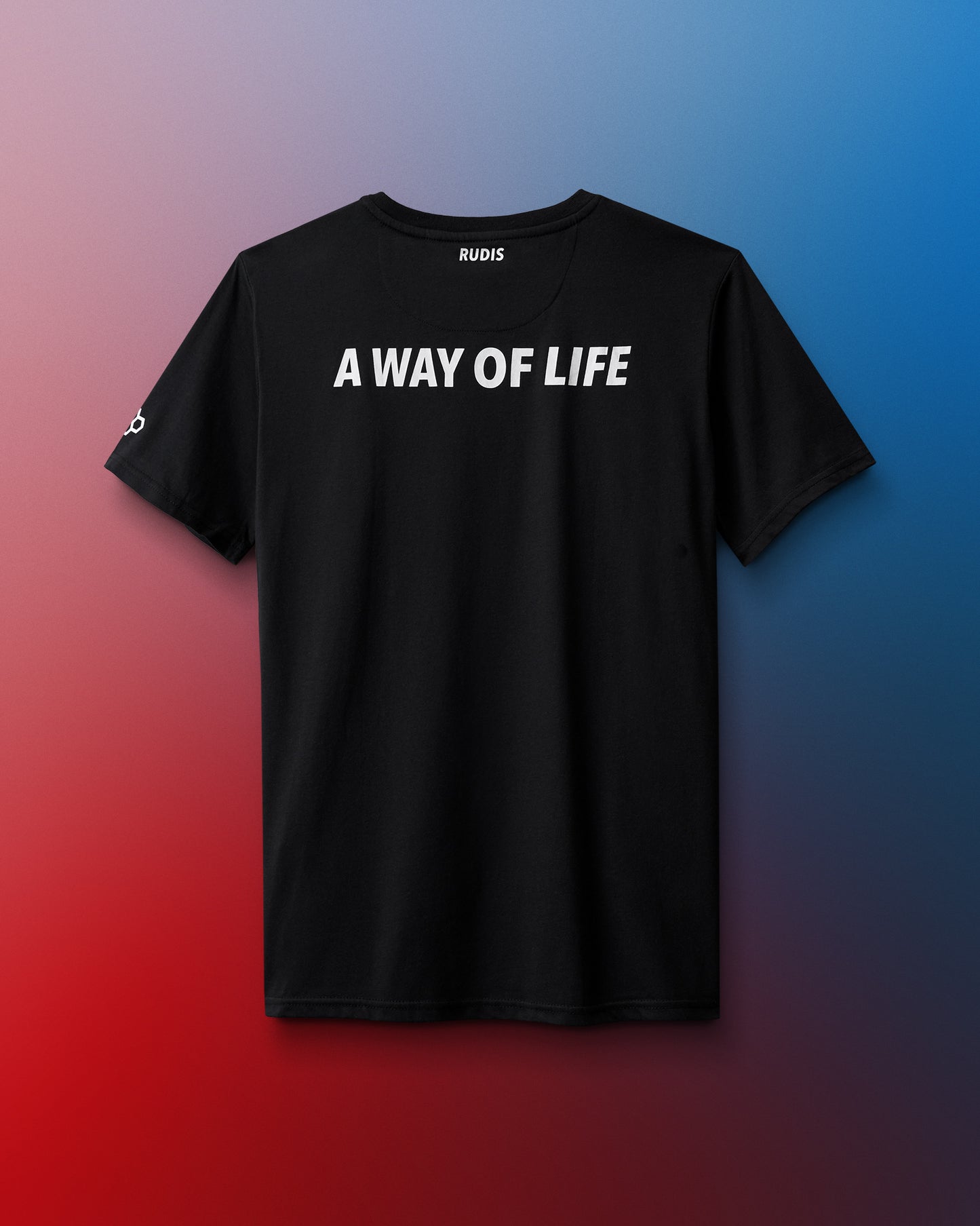 Black t-shirt with 'A Way of Life' text on a gradient background