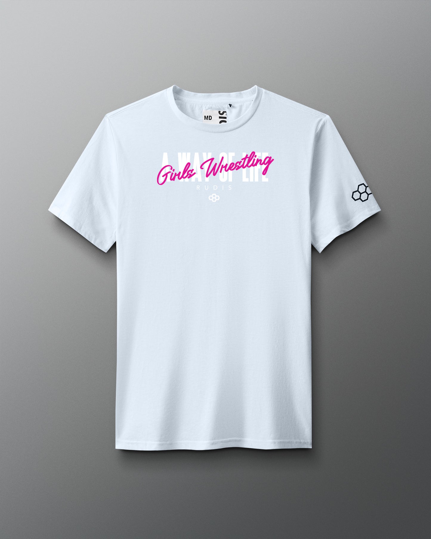 White t-shirt with 'Girls Wrestling' text on a gray background