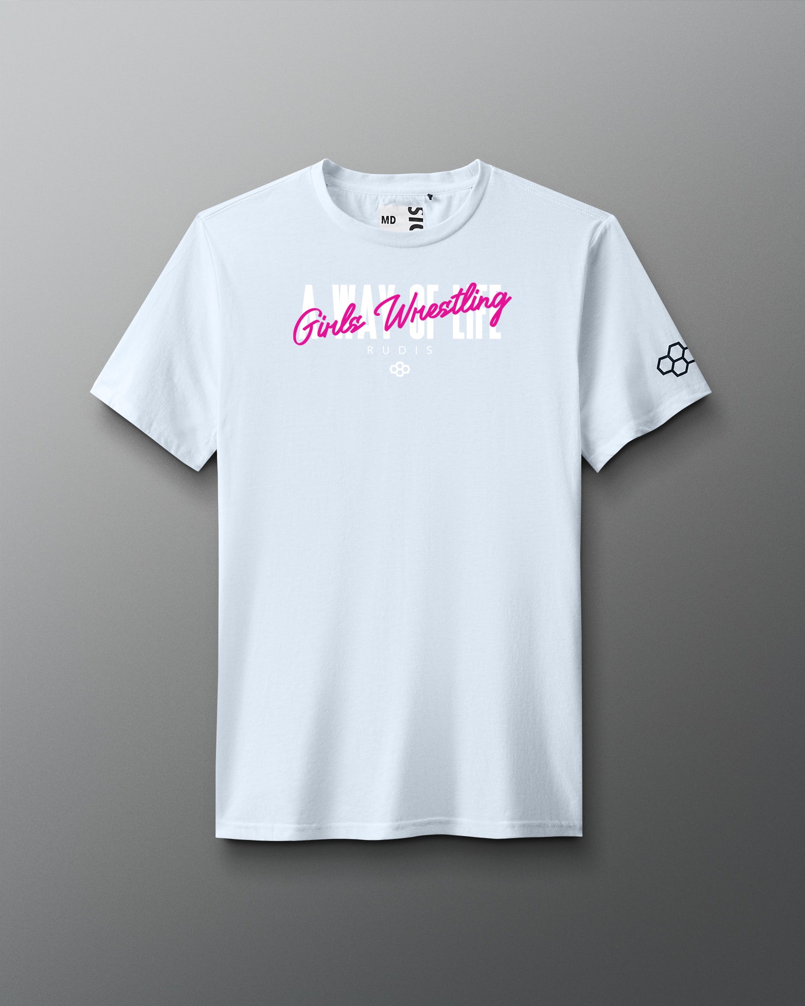 White t-shirt with 'Girls Wrestling' text on a gray background