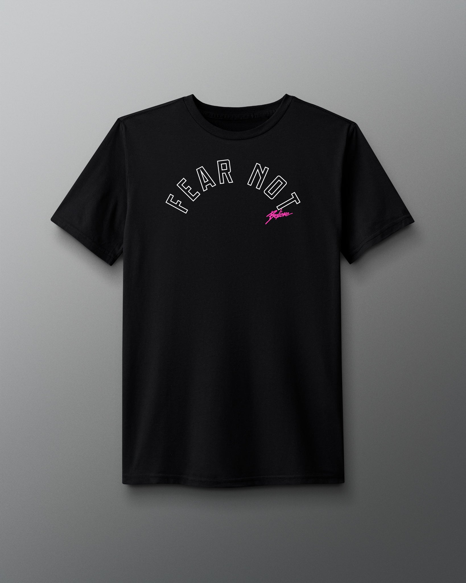 Black t-shirt with 'FEAR NOT' text on a gray background