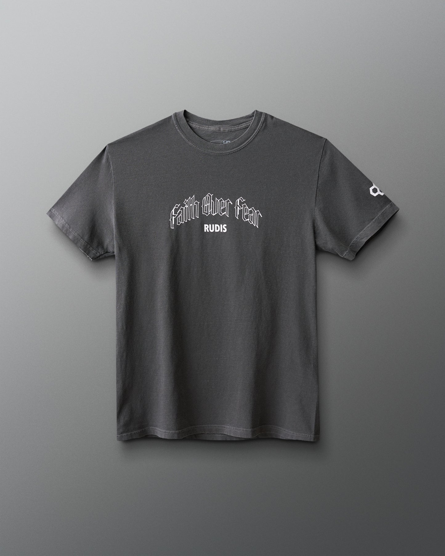Gray t-shirt with white text on a gray background