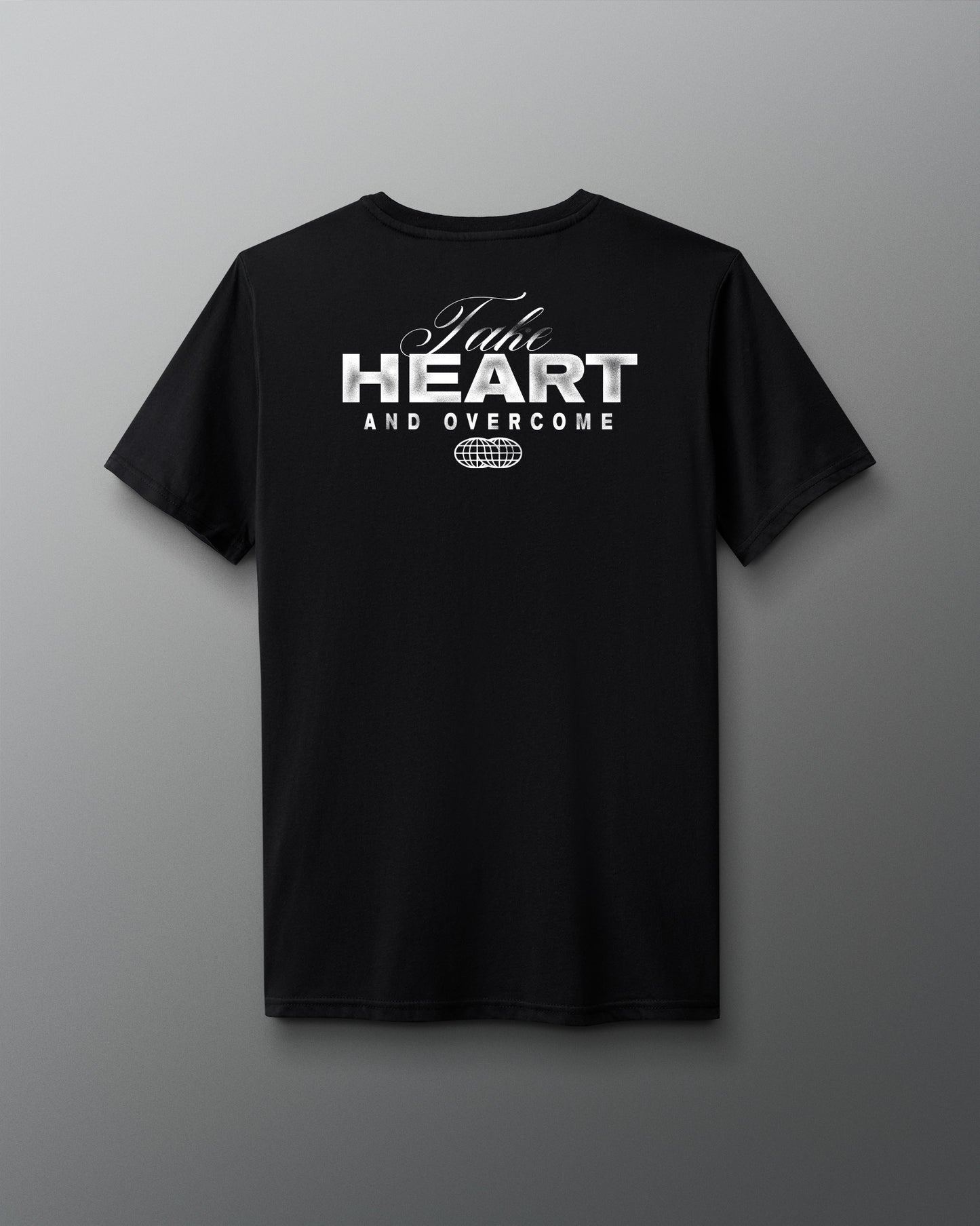 Black t-shirt with white text on a gray background - Take Heart and Overcome text back of shirt