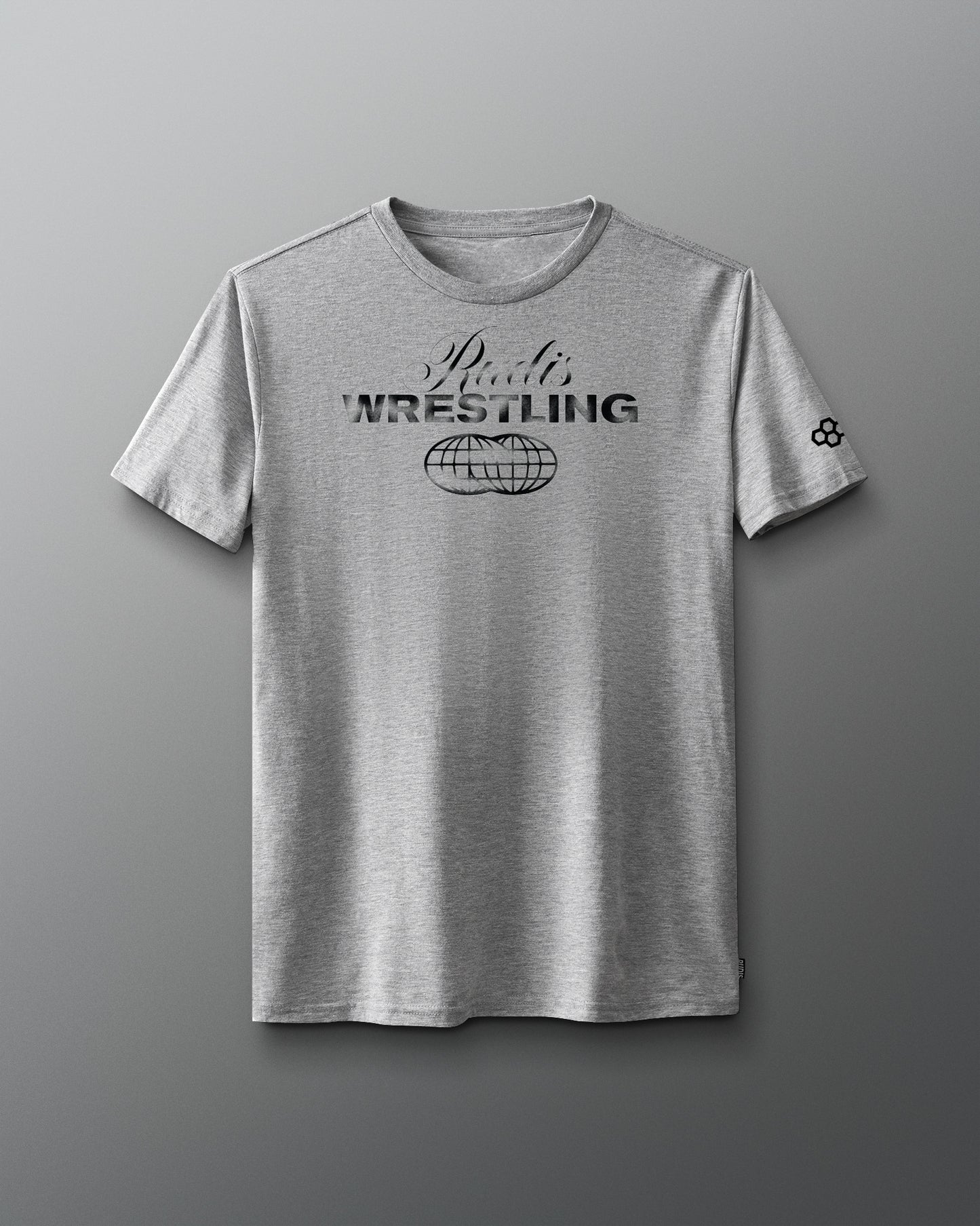 Grey shirt - front with RUDIS Wrestling black word mark graphics