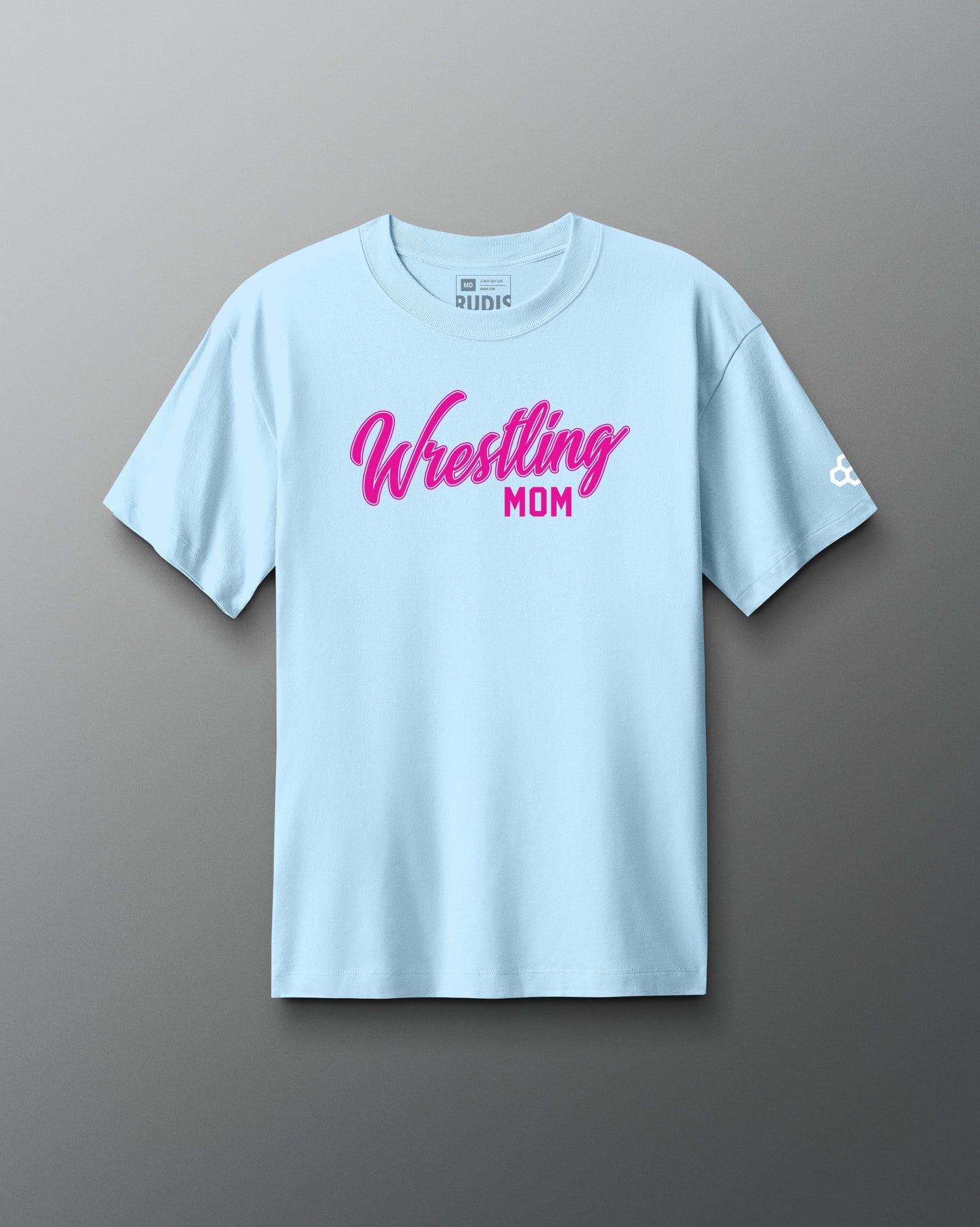 Light blue t-shirt with 'Wrestling Mom' text on a gray background