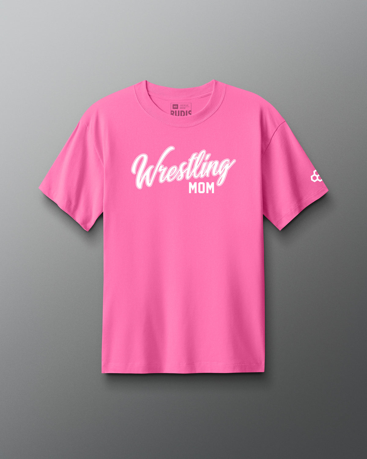 Pink t-shirt with 'Wrestling Mom' text on a gray background