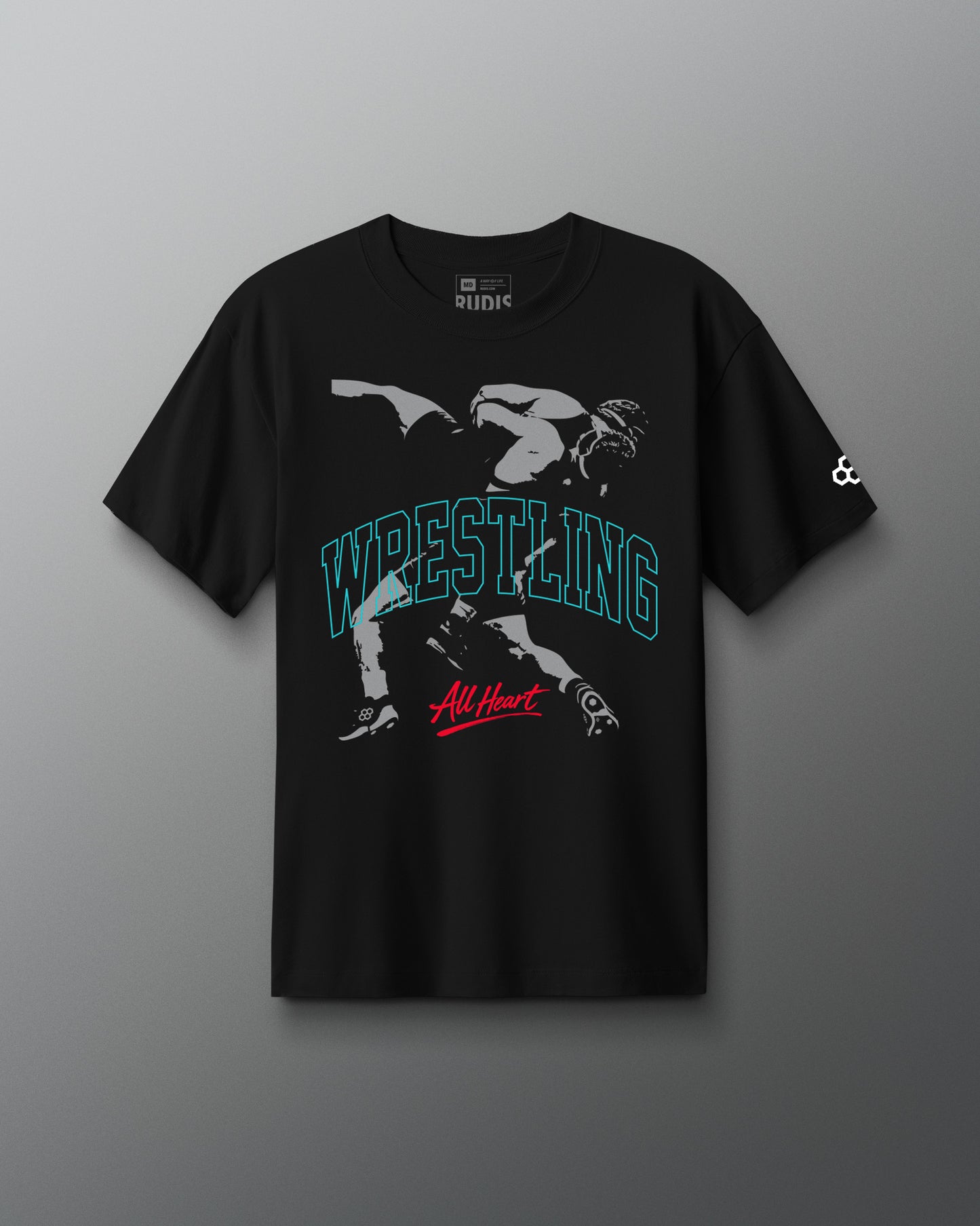 Black t-shirt with wrestling graphic and text on a gray background