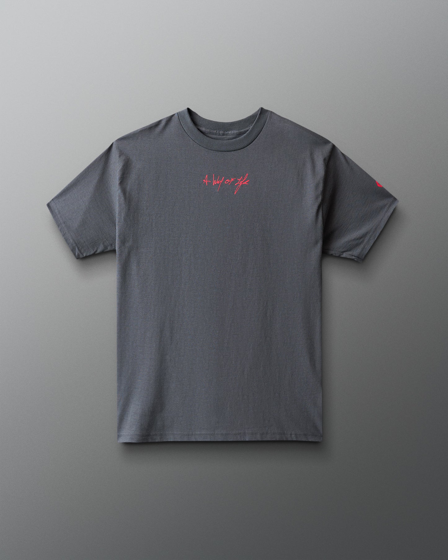 Gray t-shirt with red 'A way of life' text on a gray background
