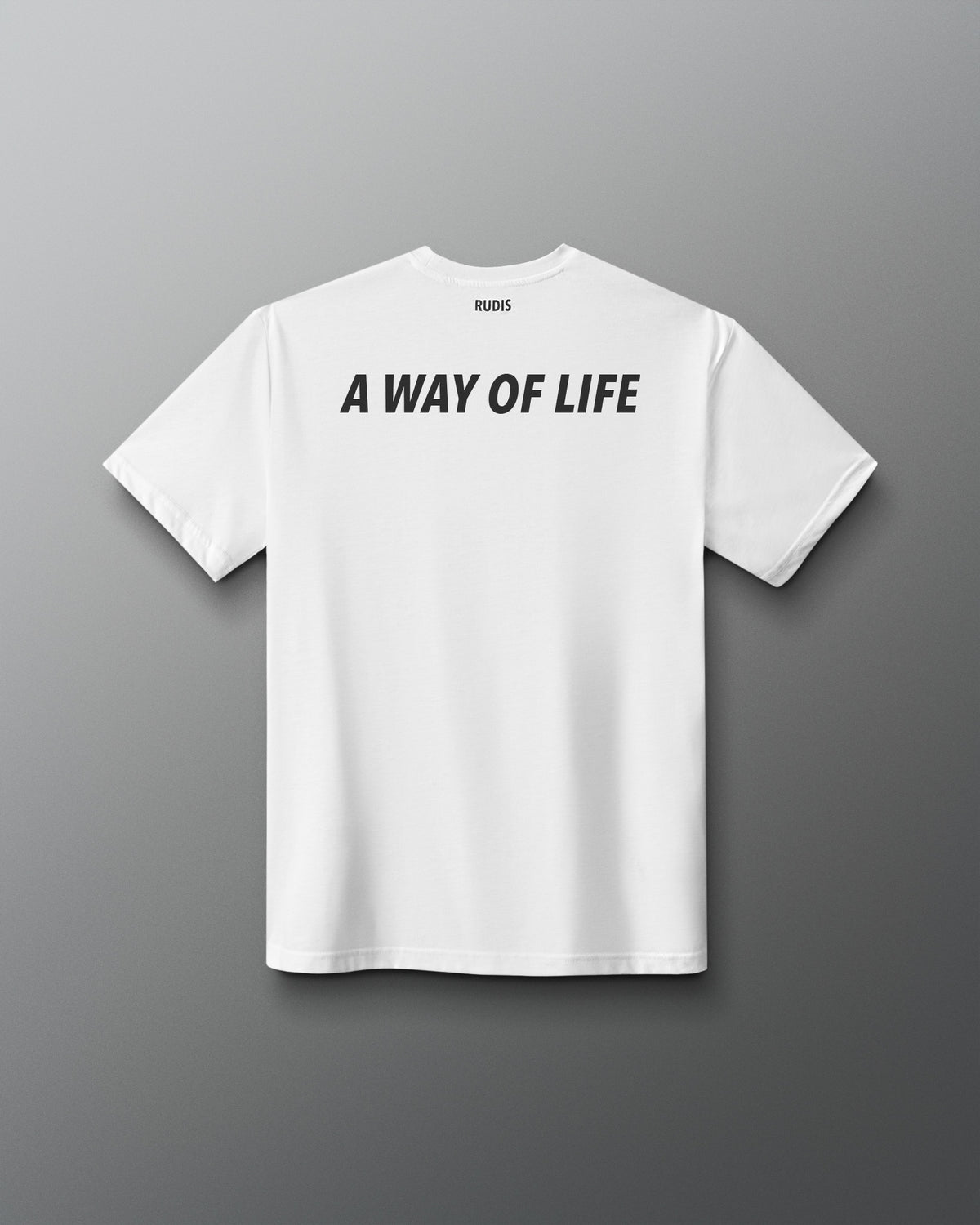 White t-shirt with 'A Way of Life' text on the back against a gray background