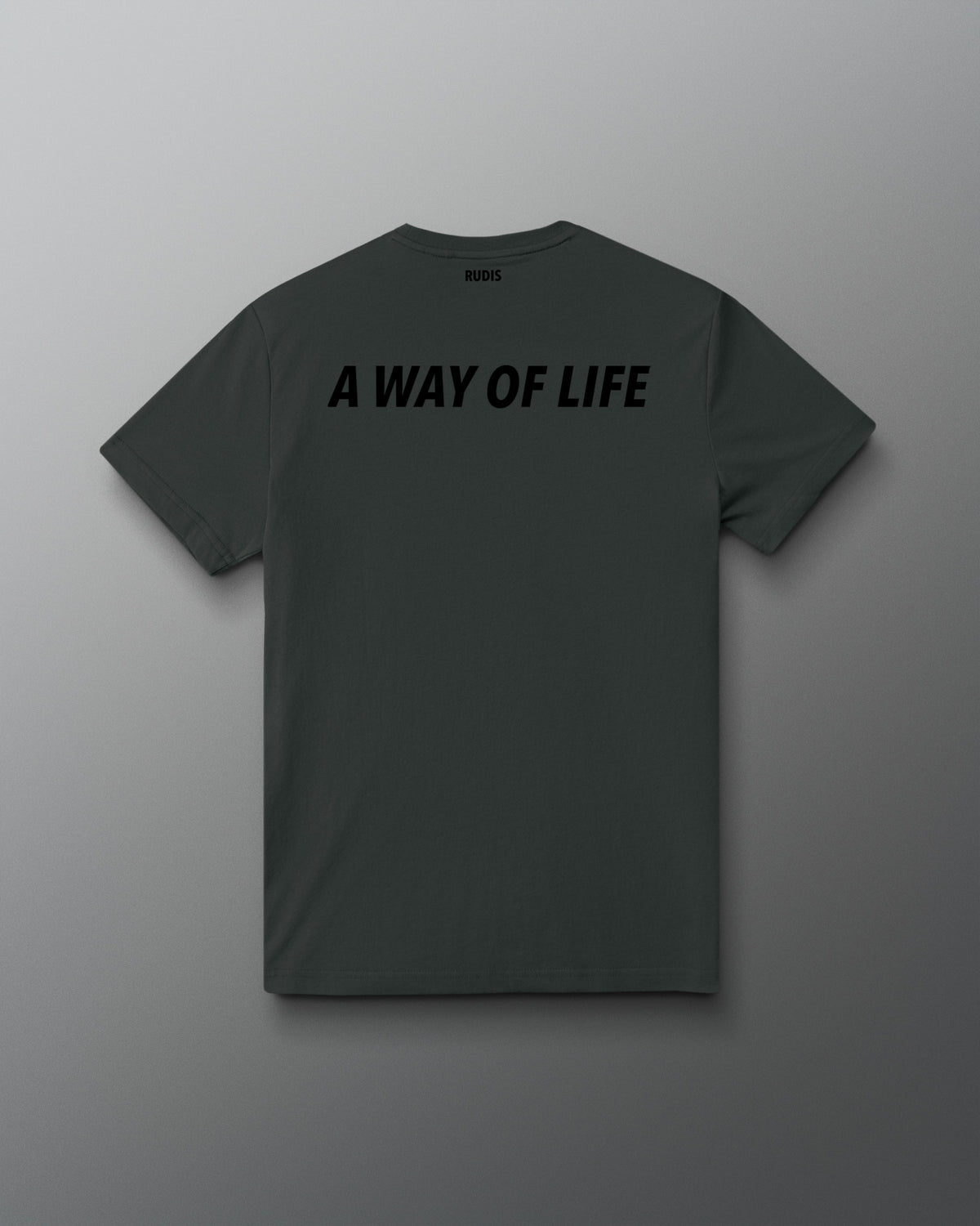 Back view of the charcoal RUDIS Script Elite Super Soft T-Shirt with black “A Way of Life” graphic.