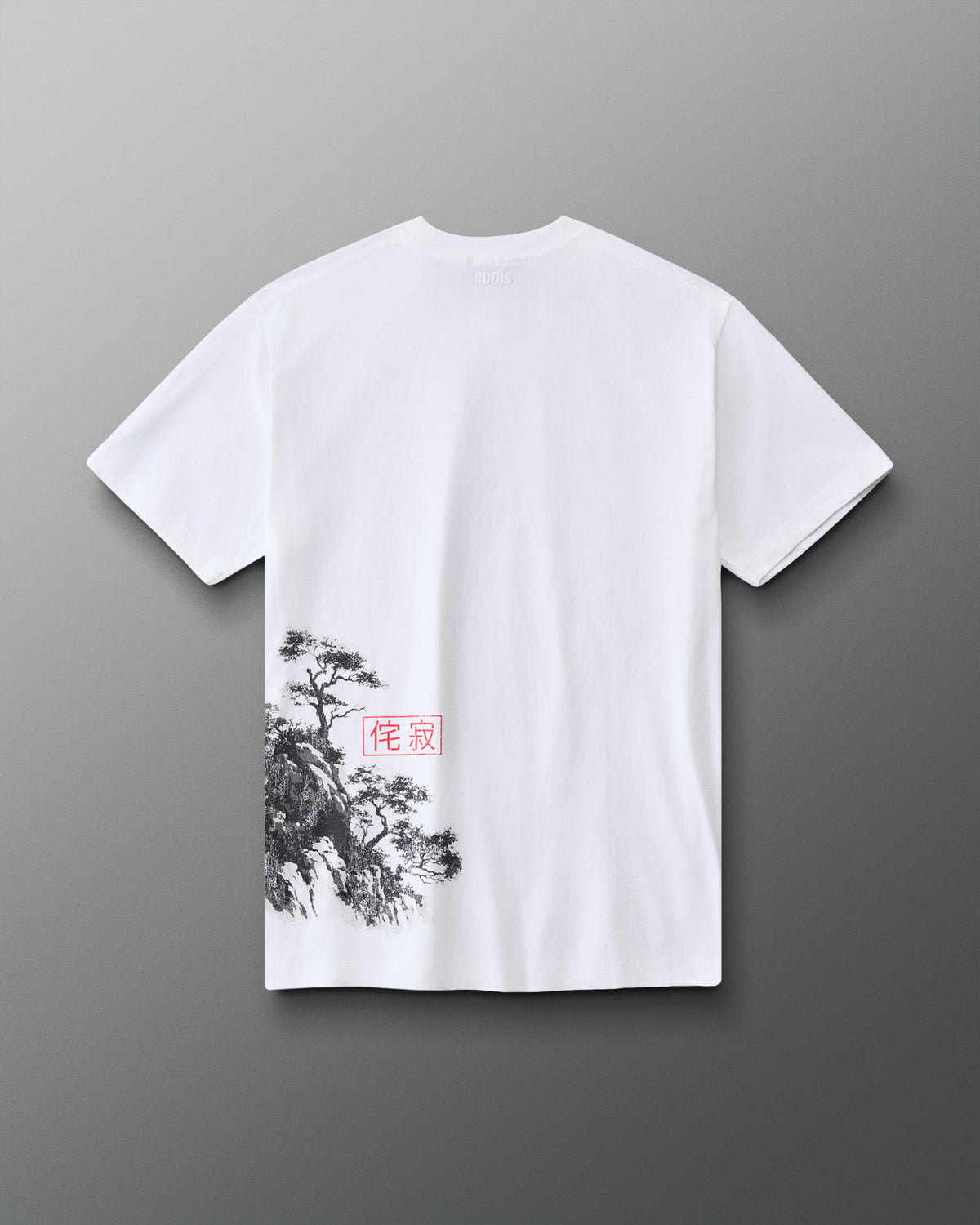 Back view of the RUDIS Samurai Wabi-Sabi Classic Cotton T-Shirt in white, featuring black Japanese landscape artwork with trees, rocky cliffs, and a red stamp graphic.