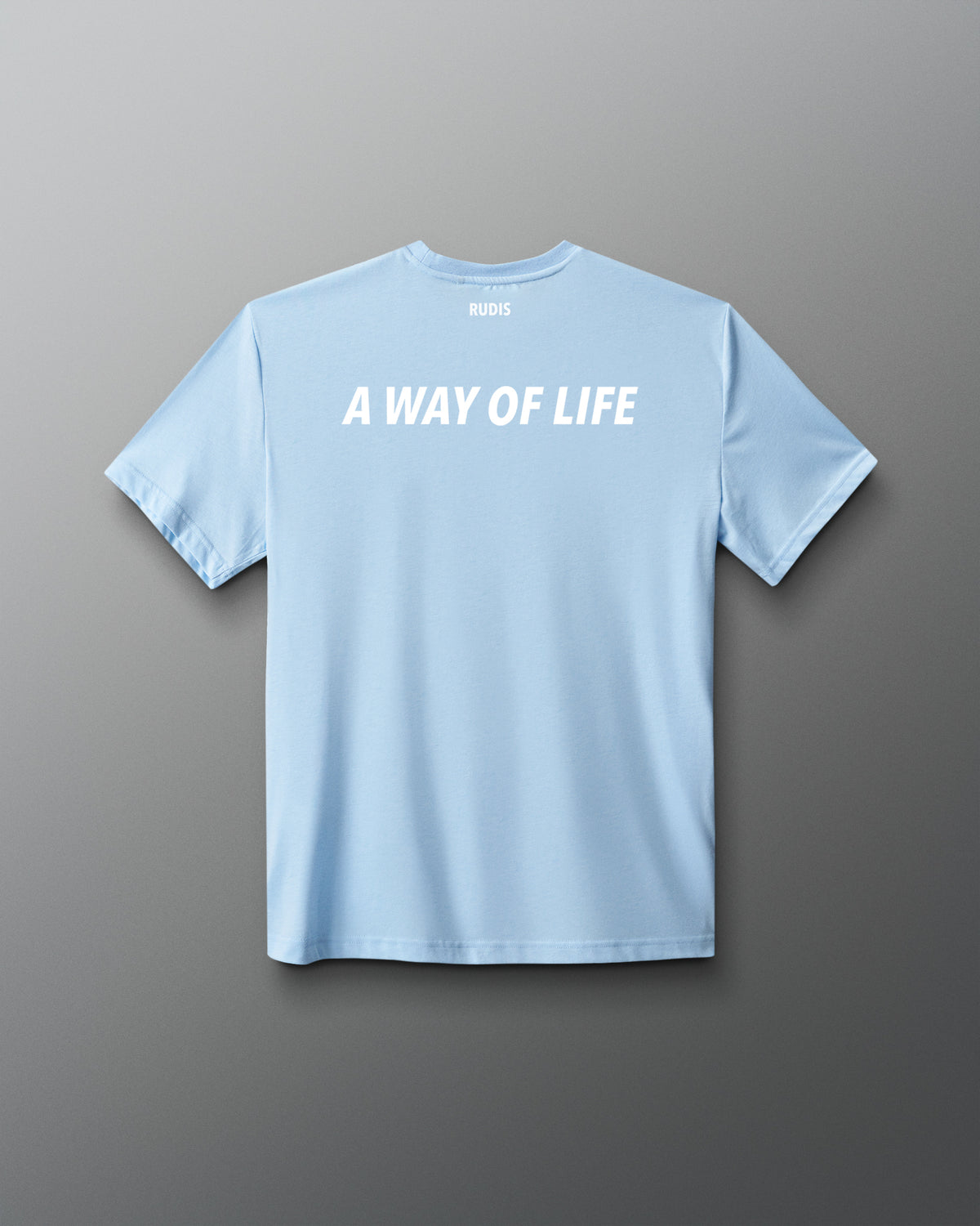 Back view of RUDIS USA Elite Super Soft T-Shirt in light blue, featuring white A WAY OF LIFE lettering across the upper back and RUDIS branding at the neckline.