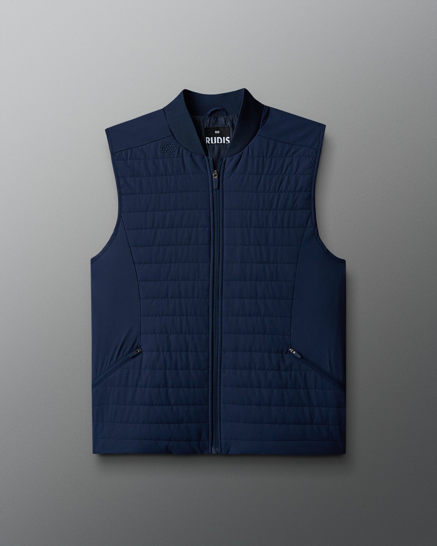 Navy blue puffer vest with a round neckline and zippered front.