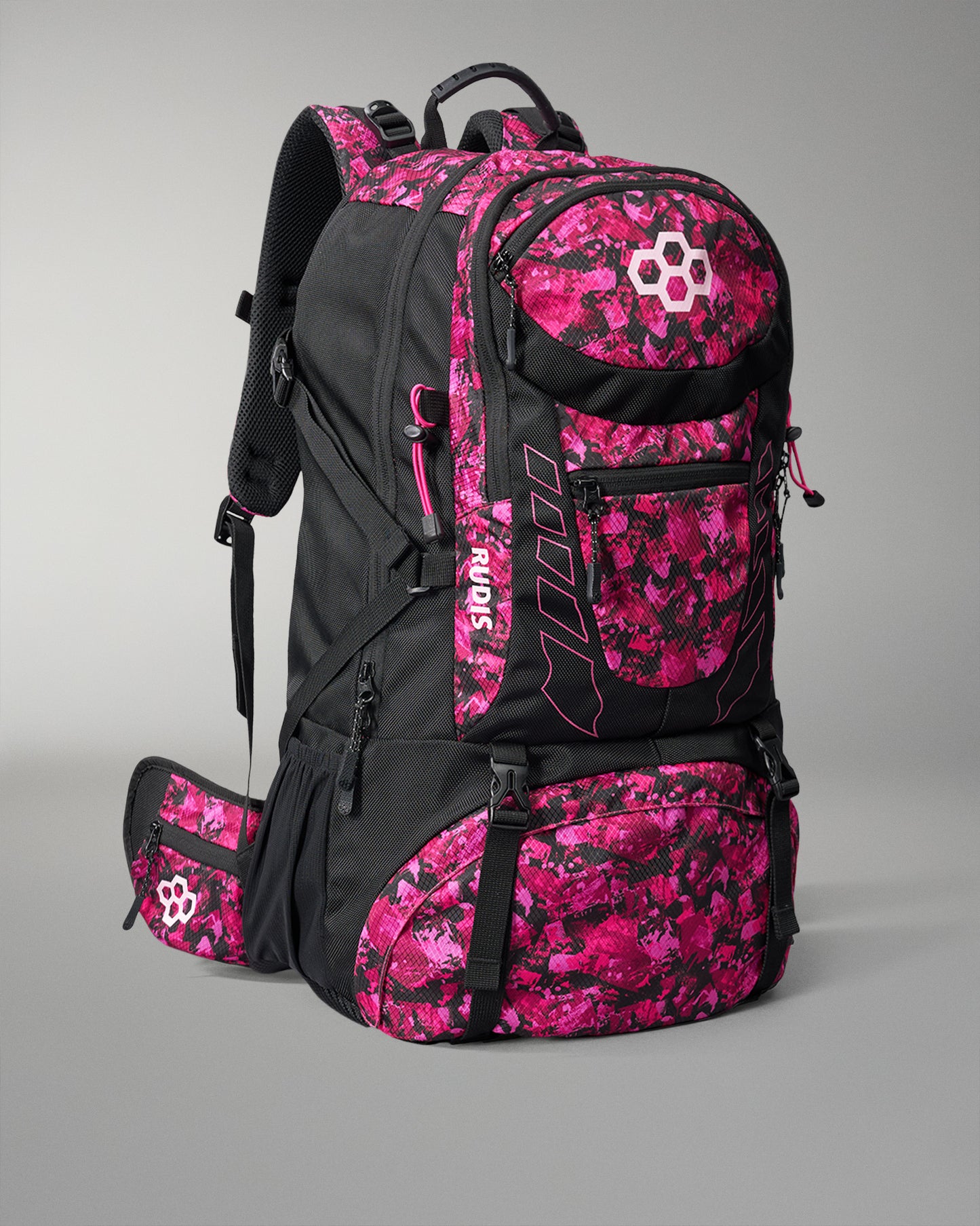 RUDIS Genesis Gearpack IV Pink Power backpack in black and pink camo design, built for wrestlers with spacious compartments, durable construction, and performance-ready style.