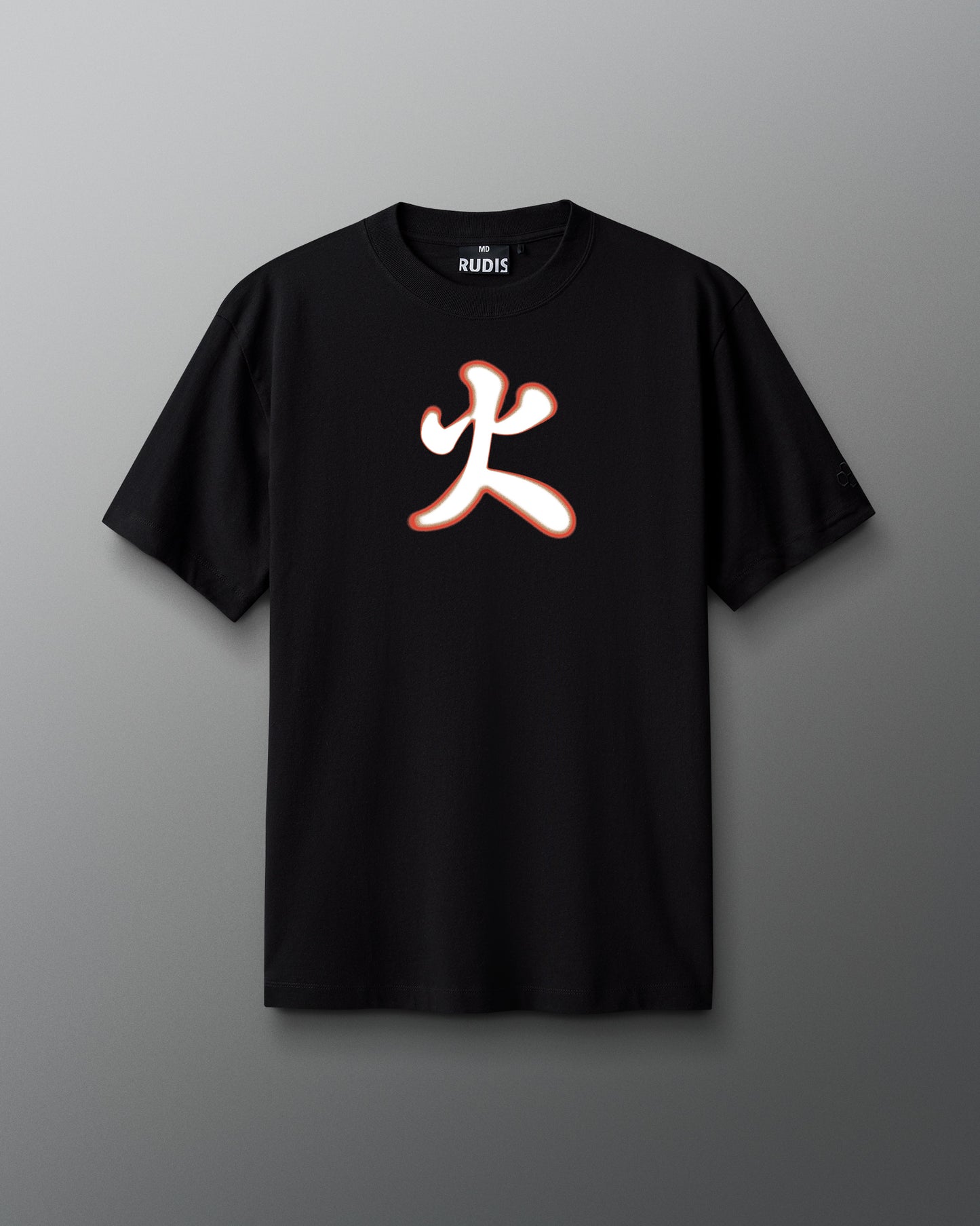 A black heavyweight T-shirt with a red and orange graphic of a samurai fire emblem on the front.