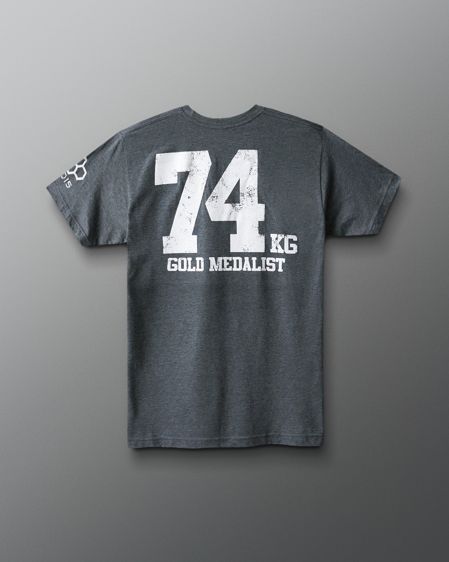 Gray t-shirt with '74 KG GOLD MEDALIST' text on a gray background