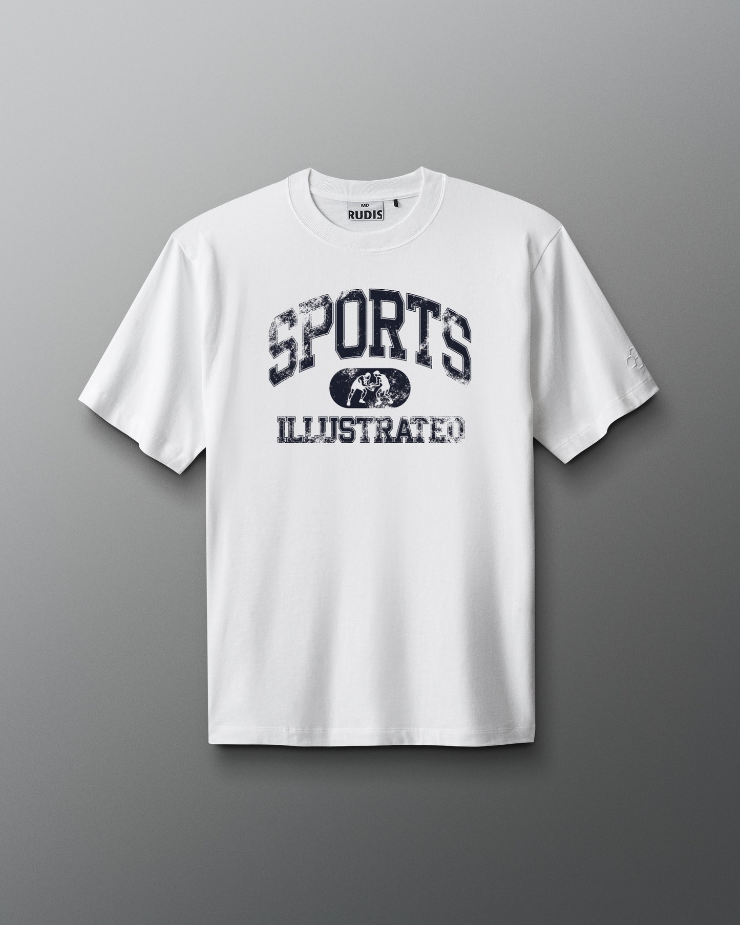 White t-shirt with 'Sports Illustrated' print on a gray background
