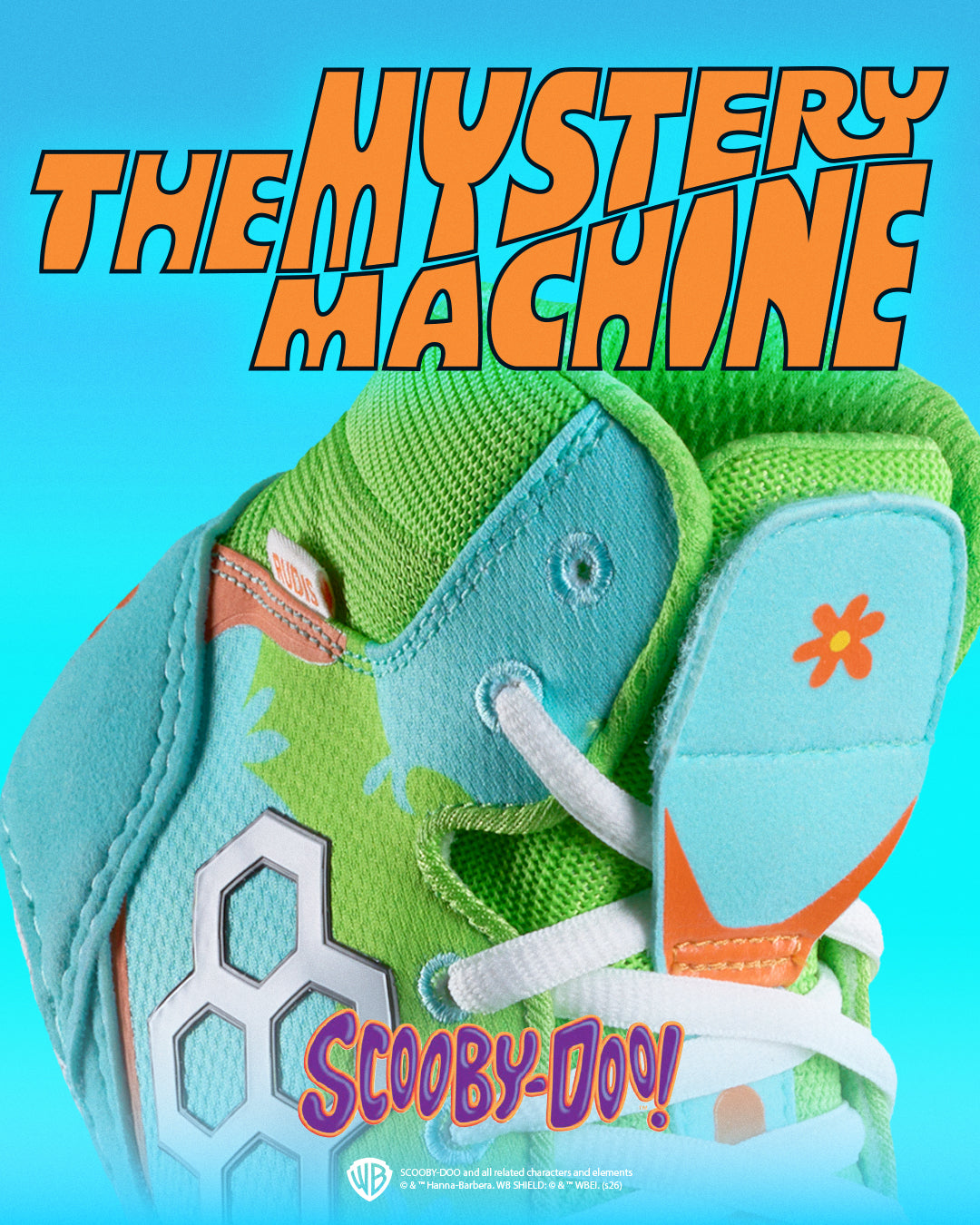 Green and blue wrestling shoe with white laces on a colorful background featuring 'The Mystery Machine' text.