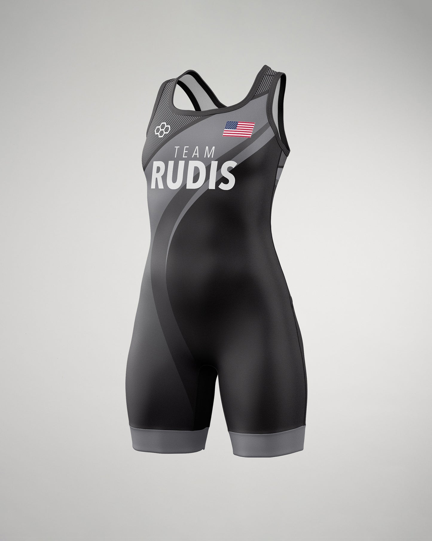 A black wrestling singlet showcases 'TEAM RUDIS' in bold white with an American flag emblem, designed for optimal athletic performance.
