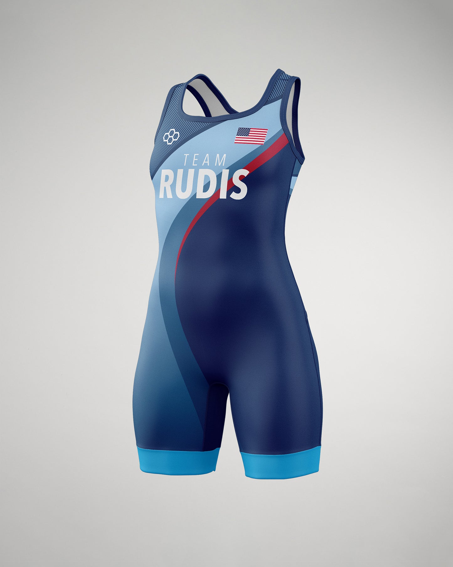 A wrestling singlet in a dark to light blue gradient features 'TEAM RUDIS' in white and an American flag, designed for competitive wrestling.