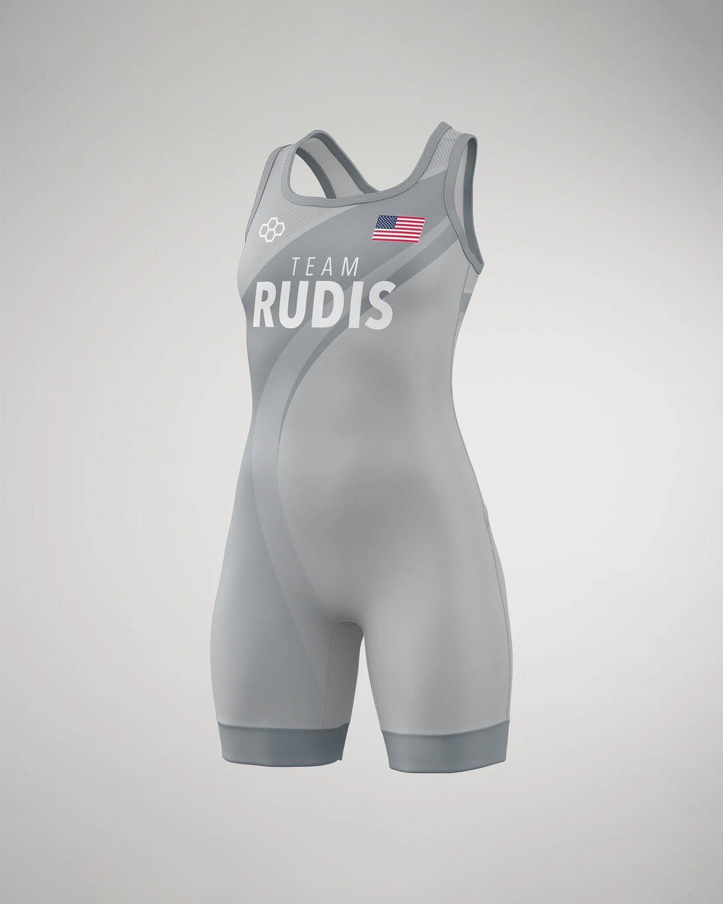 A gray wrestling singlet with 'TEAM RUDIS' and an American flag, designed for comfort and mobility during competitions.