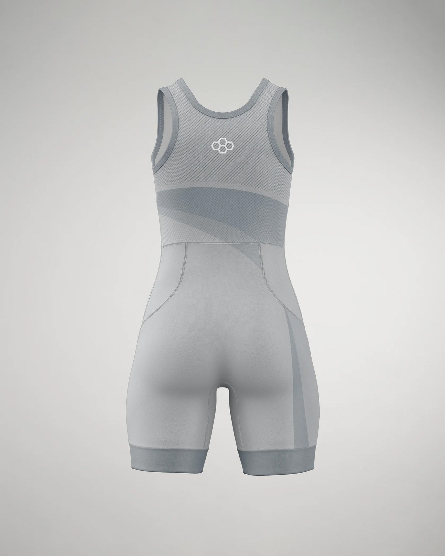 A gray athletic bodysuit with a streamlined fit, featuring textured fabric for breathability and a small logo, designed for high-performance sports.
