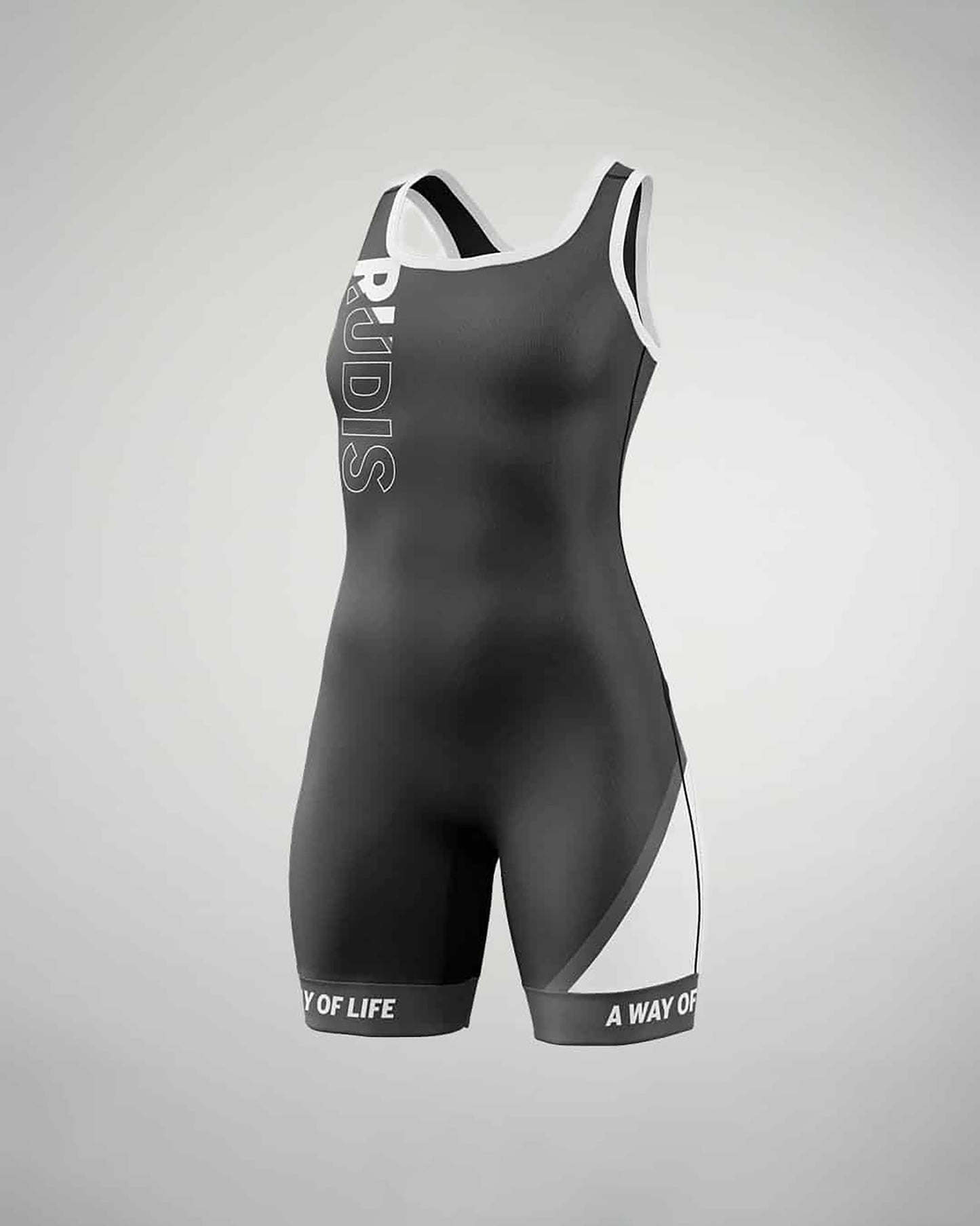 A sleek black wrestling singlet with white accents and a motivational slogan