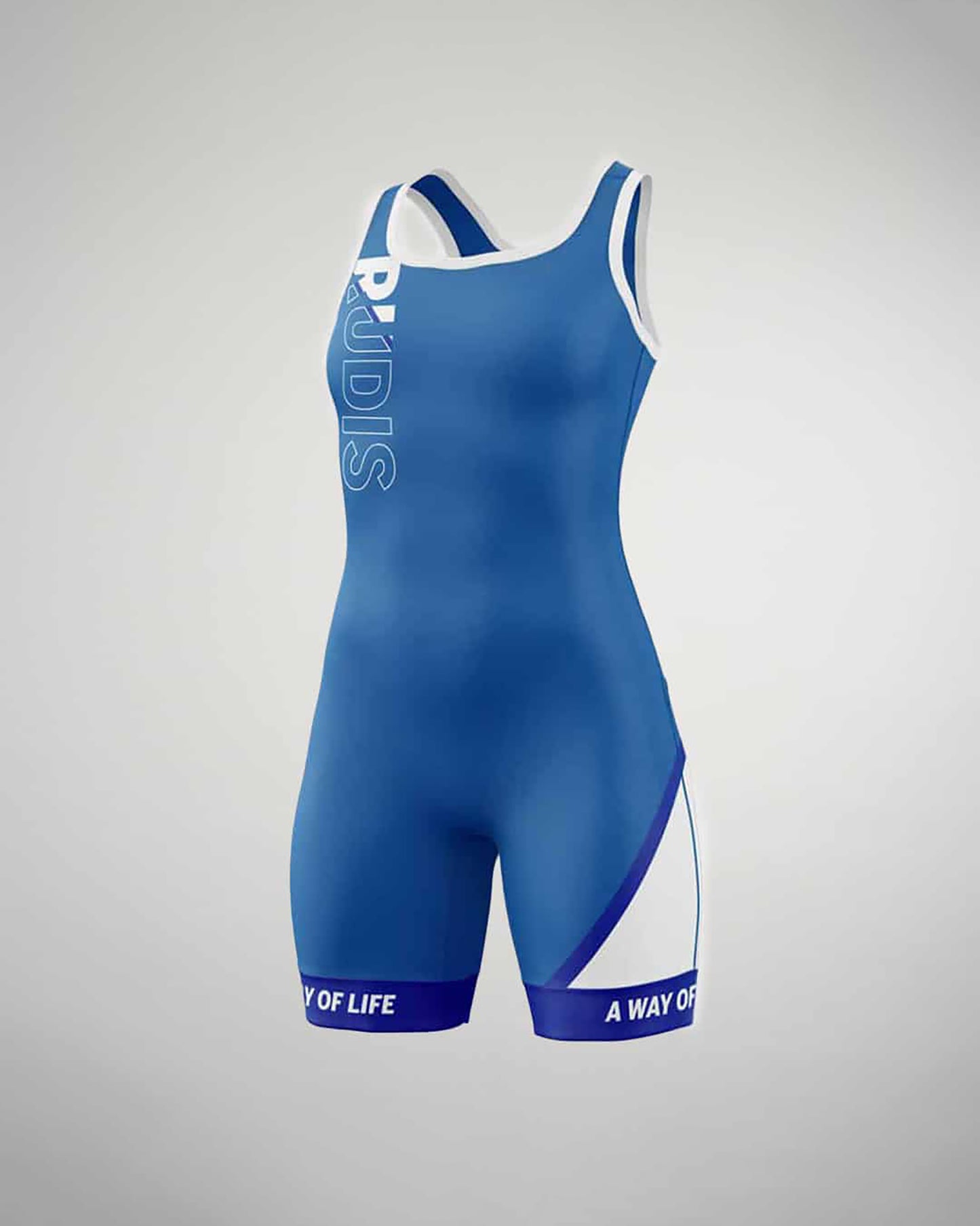 A vibrant blue wrestling singlet featuring bold white text and design elements ideal for athletes seeking both comfort and style
