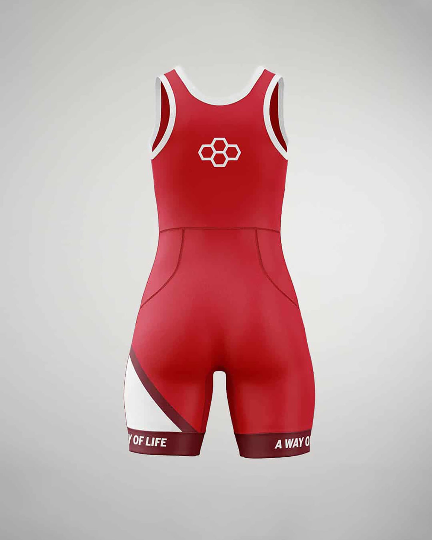 This image features a red athletic onesie designed for performance showcasing a modern look with white and dark accent details along with a motivational phrase