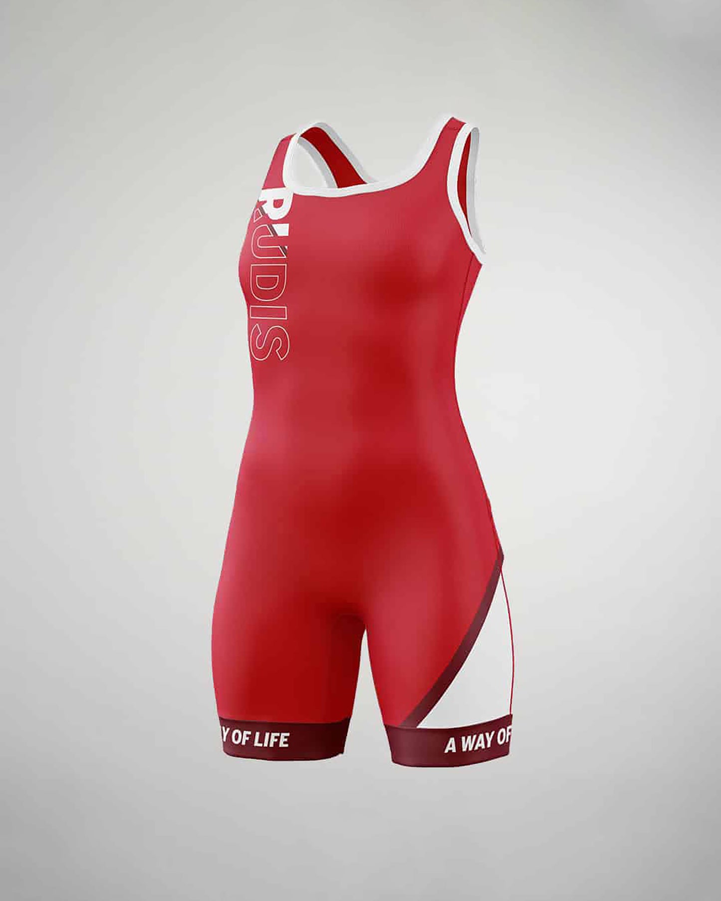 A vibrant red wrestling singlet featuring a sleek design showcasing the brand name and motivational text along the hem